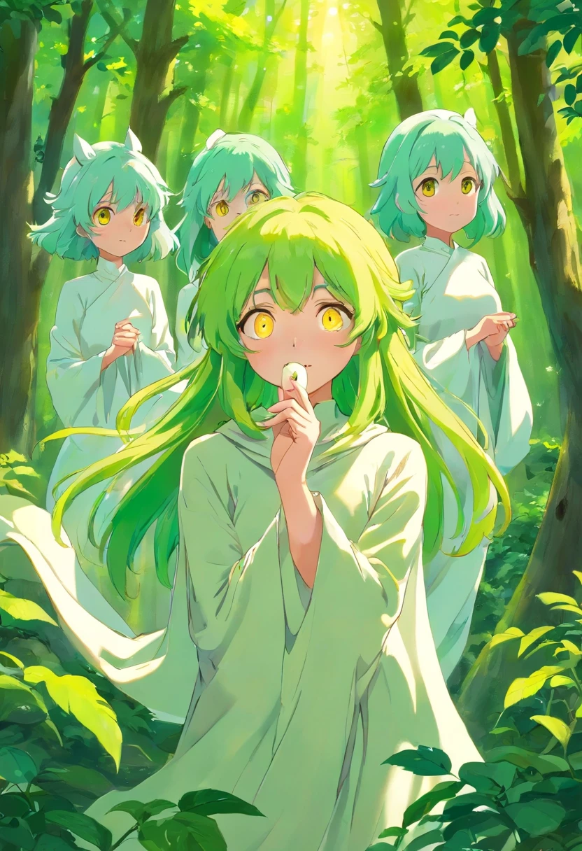 ghosts　green colored hair　Yellow eyes　masks　flute　The magic of trees　年轻　Naughty Poses　cute little　tits out　friendly