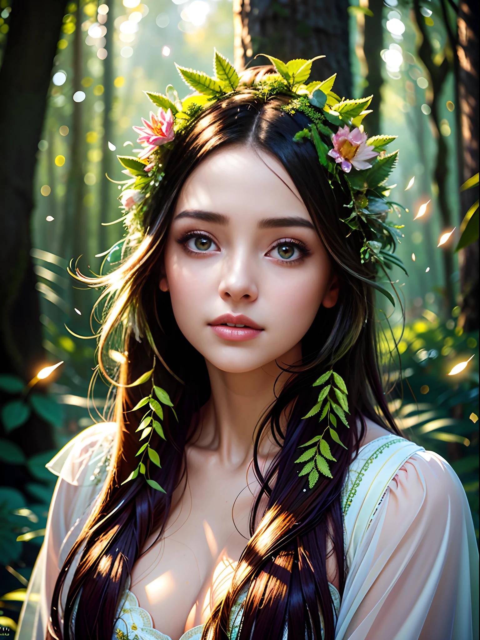 a lovely painting of a girl in the forest with light snow falling,age,mystical forest, twilight, vibrant, sentient plants, magical pollen, mesmerizing dance of lights, colors among trees, breathtaking natural light show, masterpiece, 8k, oil painting)))), long exposure, professional photograph, soft focus, mystical atmosphere, unreal engine, trending on ArtStation, ((woman's detailed face, detailed expression, eyes reflecting the light show, woman's hair flowing, detailed plants and trees), ambient lighting, depth of field effect, detailed pollen particles, soft, ethereal glow, magical, dreamy, surreal))