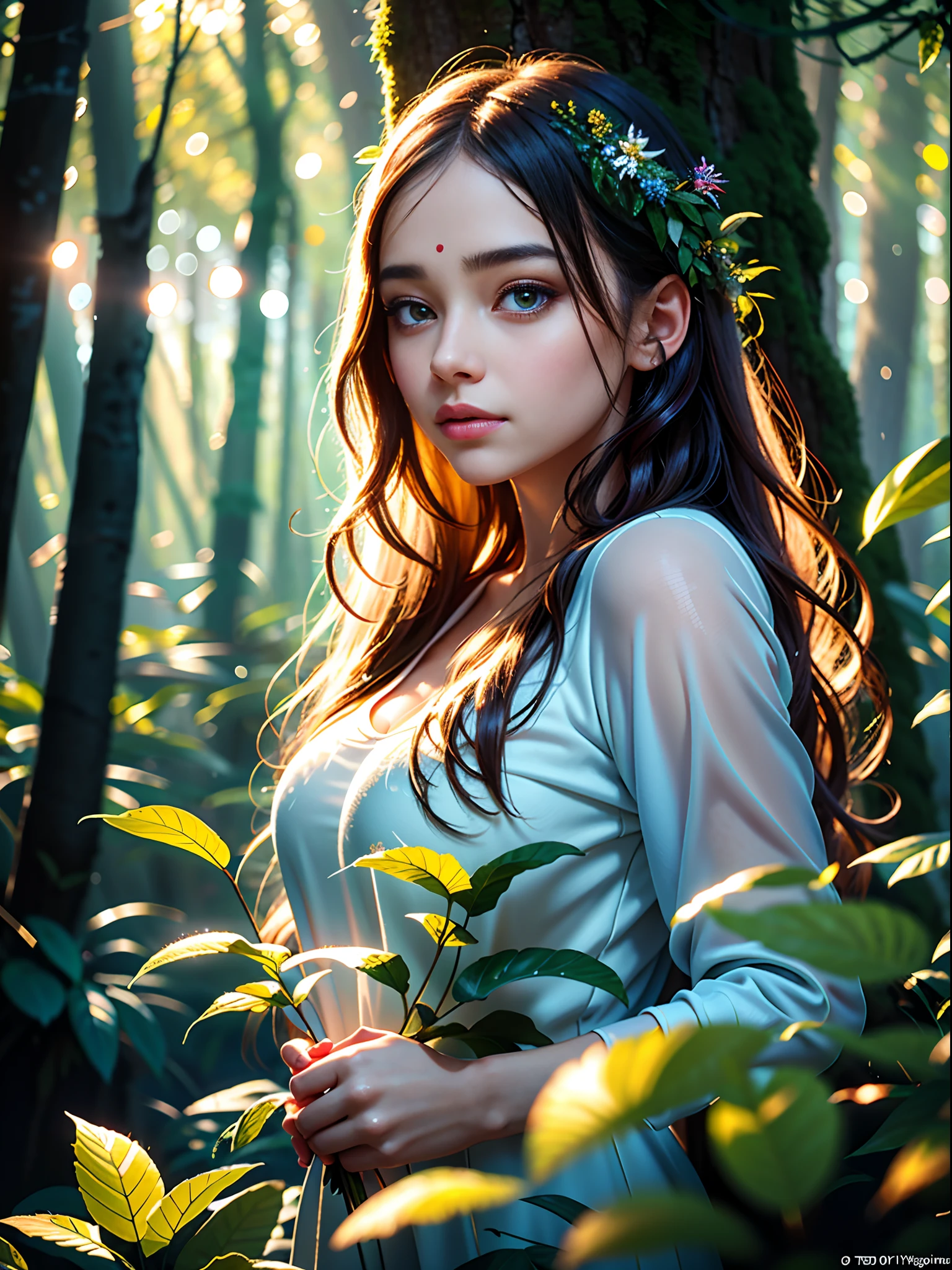 a lovely painting of a girl in the forest with light snow falling,age,mystical forest, twilight, vibrant, sentient plants, magical pollen, mesmerizing dance of lights, colors among trees, breathtaking natural light show, masterpiece, 8k, oil painting)))), long exposure, professional photograph, soft focus, mystical atmosphere, unreal engine, trending on ArtStation, ((woman's detailed face, detailed expression, eyes reflecting the light show, woman's hair flowing, detailed plants and trees), ambient lighting, depth of field effect, detailed pollen particles, soft, ethereal glow, magical, dreamy, surreal))