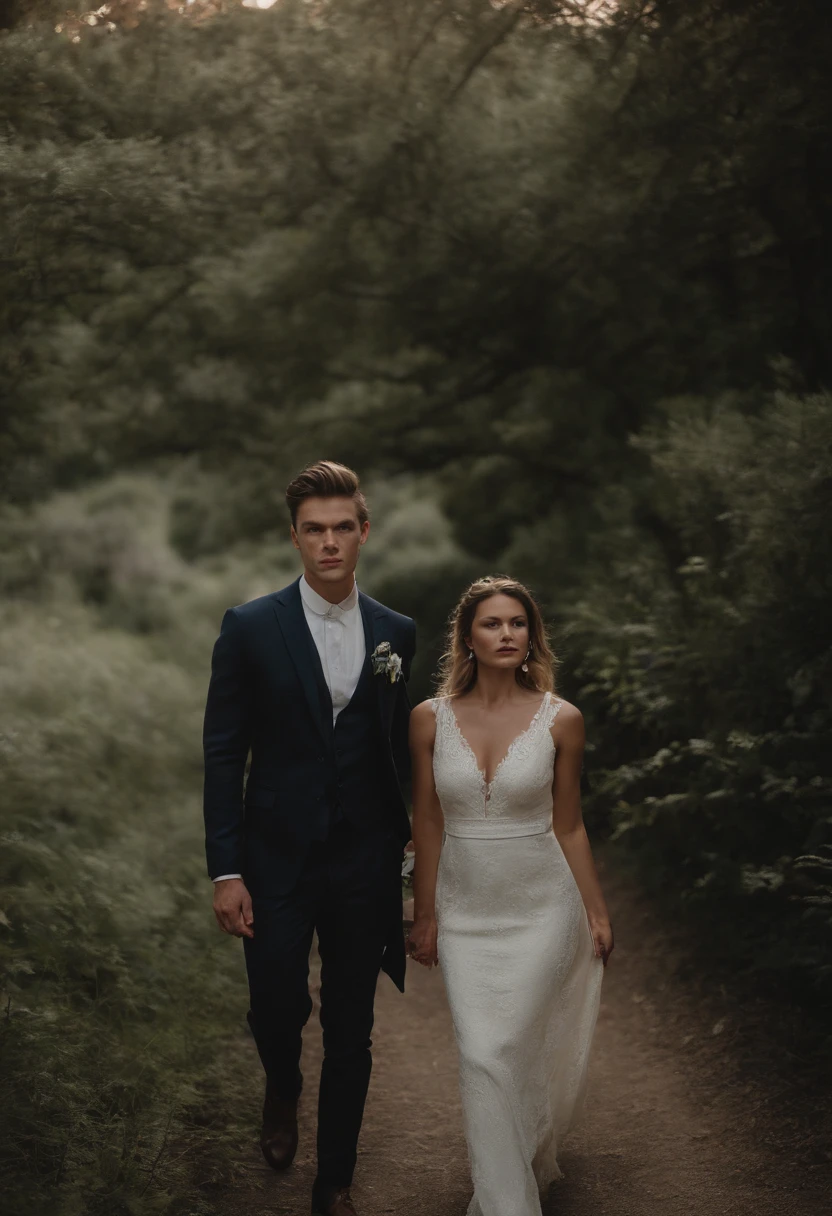 Married couple in vintage 1930s clothes walking backwards.