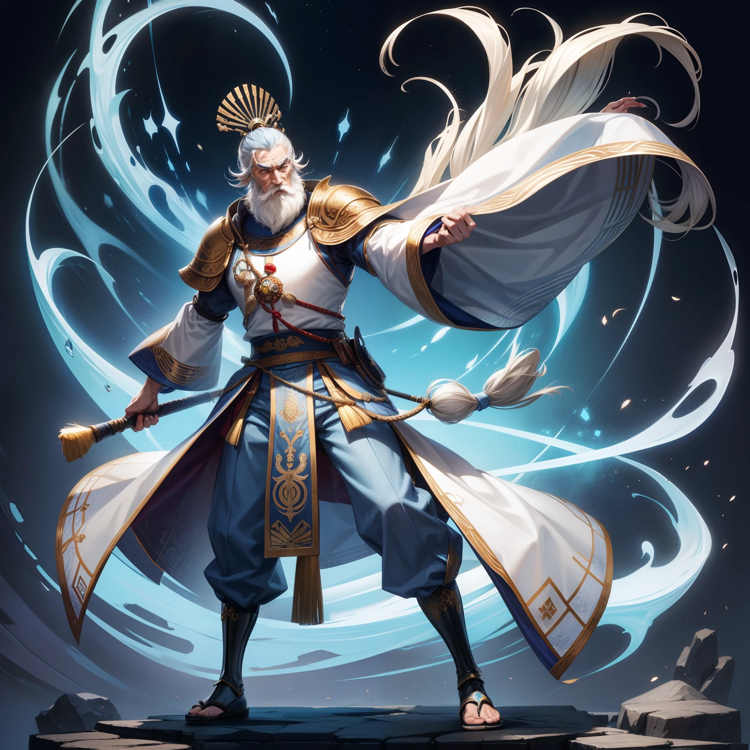 realista, elderly, full body, barba branca, asiatic, japanese, magro, fantasia, roupa comprida, armadura medieval, light blue pants, roupa branca, corpo inteiro, full body shot
