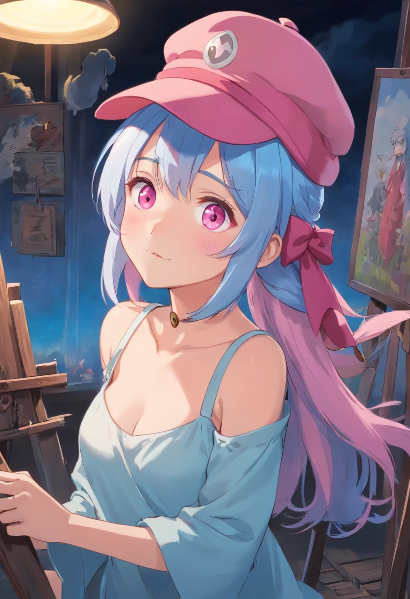 painter Hats lightblue hair Darkness attribute Pink eyes 年轻 Naughty Poses cute little tits out friendly