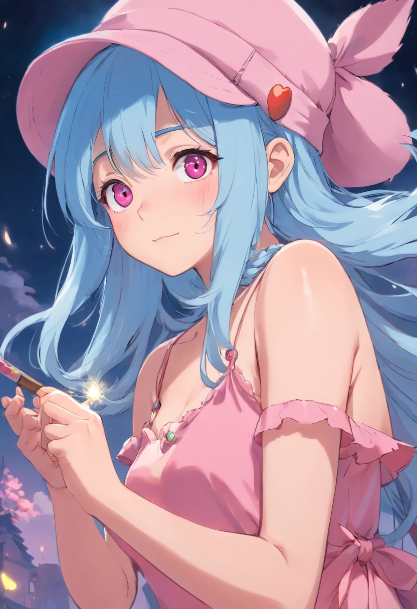 painter　Hats　lightblue hair　Darkness attribute　Pink eyes　年轻　Naughty Poses　cute little　tits out　friendly
