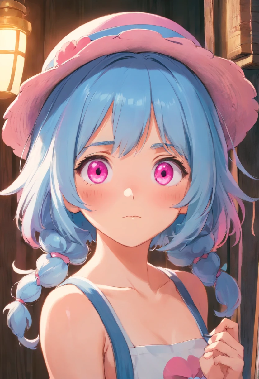 painter Hats lightblue hair Darkness attribute Pink eyes 年轻 Naughty Poses cute little tits out friendly