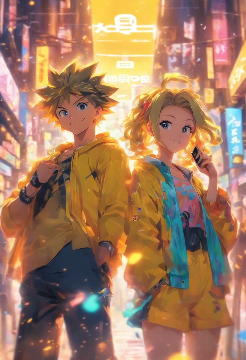 a couple of anime characters standing next to each other and happily posing for a picture (Boy and Girl), a yellow vibrant color pallet, lightly smiley faces, casual clothes, 8k, high quality, ray tracing, looking at the camera, holding phones, portrait shoot