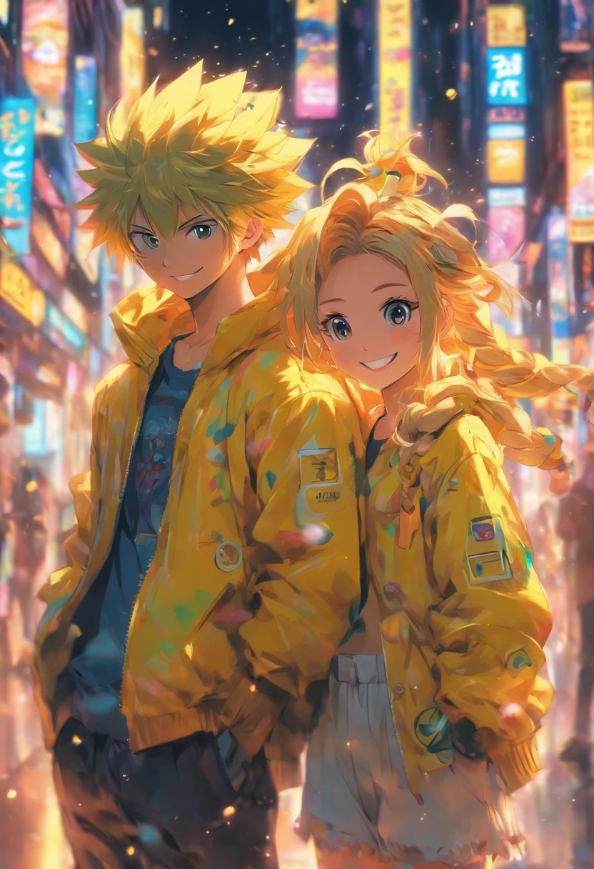 a couple of anime characters standing next to each other and happily posing for a picture (Boy and Girl), a yellow vibrant color pallet, lightly smiley faces, casual clothes, 8k, high quality, ray tracing, looking at the camera, holding phones, portrait shoot