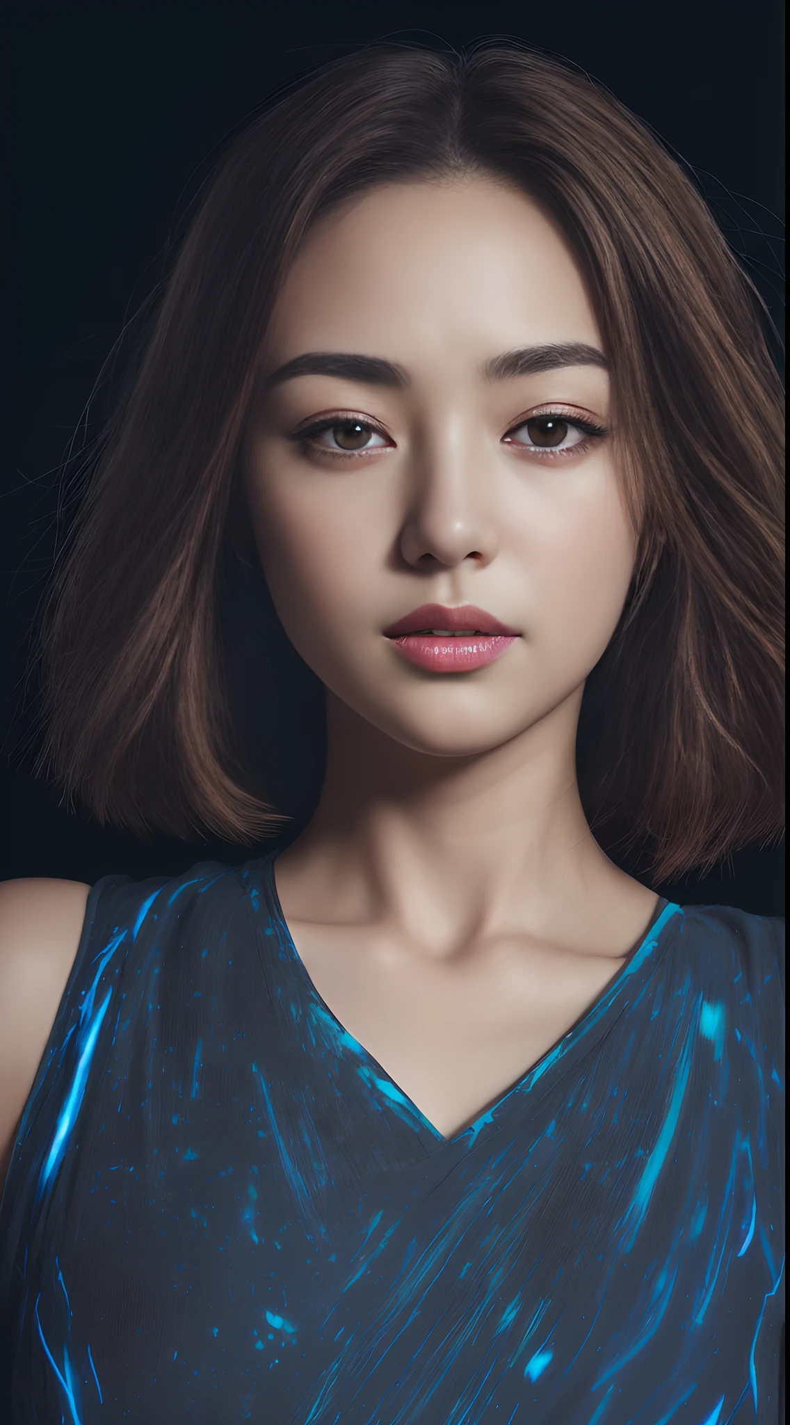 (8K, Hyper Raw Photo, Hyperphotoreality:1.4), (ultra best quality:1.4), (masutepiece:1.2), (hyper realisitic:1.5), (hyper detailed illustration:1.4), (highly intricate detail:1.3), (very high res:1.3), (Excellent and detailed:1.3), (Rich colors:1.1), ISO200, ((1girl in)), (asa:1.0), Age 21 years old, Brown-eyed, ((Beautiful eyes)), a very beautiful woman & A cute Japanese woman, very detailed beautiful face and eyes, (attractive neck:1.5), ((Beautiful throat irregularities:1.5)), Authentic skin texture, (super realistic skin:1.4), (Ultra-detailed texture skins:1.3), (Real Skin Tones:1.3), (Light brown medium hair:1.2), (Face:1.2), (Masochistic look:1.3), (narrow and drooping eyes), (Half closed eyes:1.2), ((Looking at Viewer:1.2)), Slightly open mouth, tilt your head, Dark blue camisole, (Afterglow:1.4), (Full body portrait:1.1), (Afterglow pouring down from above:1.4), (Random Poses),