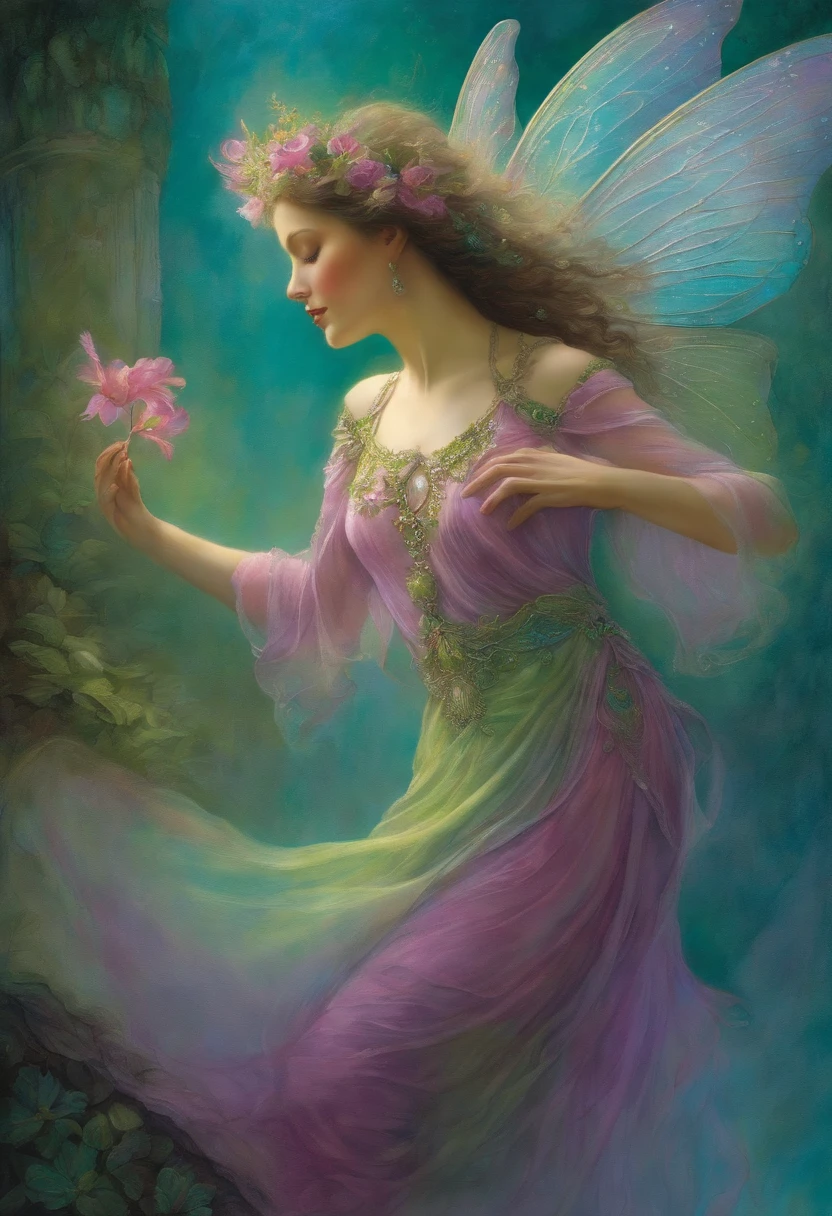 fairy dancing, elegant, very attractive beautiful by daniel merriam, josephine wall, embellishments by alphonse mucha and ralph mcquarrie in colors of magenta, aqua, lime green.  .watercolor, wet on wet,