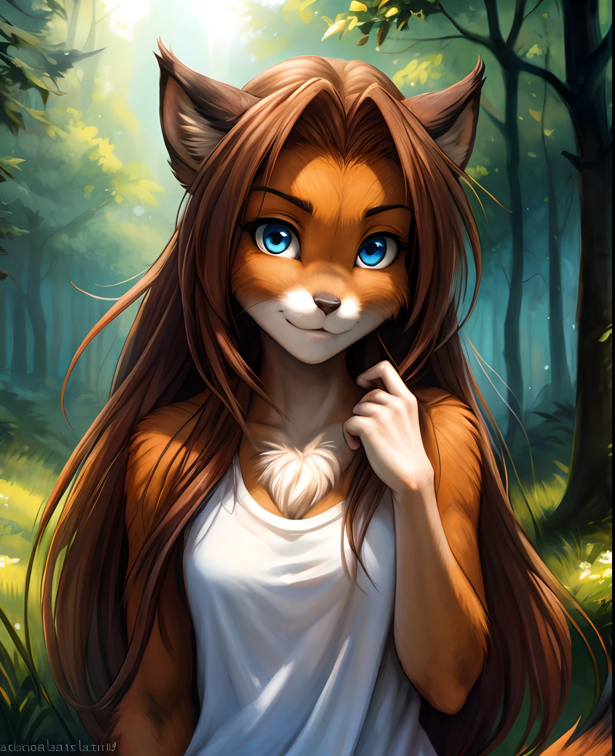 by kenket, by totesfleisch8, (by thebigslick, by silverfox5213:0.8), (by syuro:0.2),,,, Laura, Keidran, twokinds, by tom_fischbach,, (best quality, masterpiece:1), solo, furry female anthro, blue eyes, long hair, reddish brown hair, portrait, fingers, finger claws, looking at viewer, fox tail, (outdoors dark forest trees blurry blurred background:1.1), featureless_breasts