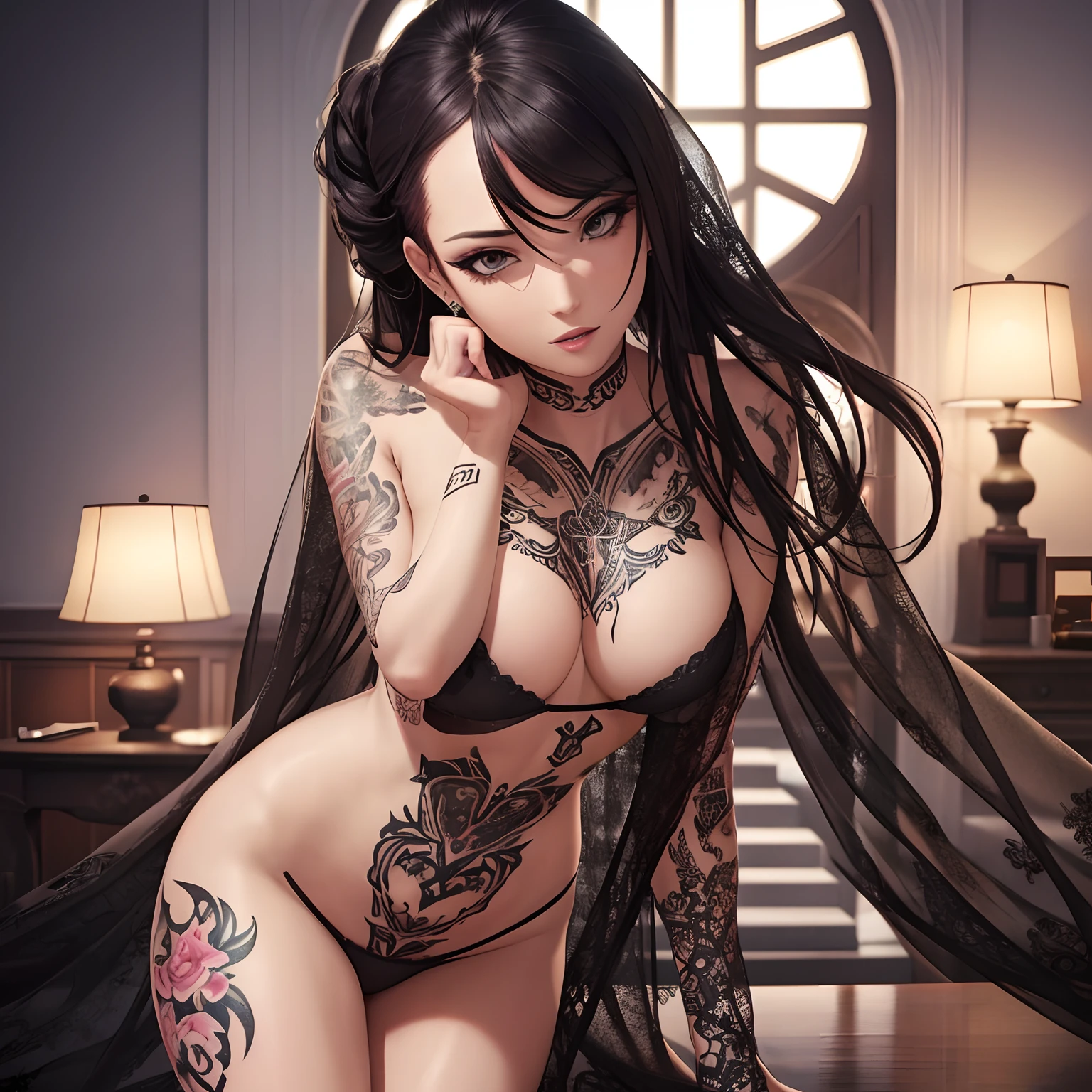 finest image, beautiful woman with full body tattoo, slender, perfect proportion, amorous expression, lewd expression, ecstasy, orgasm, detailed and delicate depiction, professional lighting
