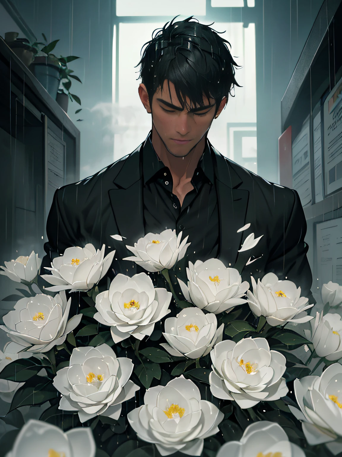 Best quality, high resolution ,A man with short hair,Black color hair, blacksuit,White flowers on the chest，[funereal]，white ribbons, maturity, silence, Closed mouth, Soaked all over, Rainy days, heavy rain, White flowers, ,(Heavy fog:1.3), Dim light, inside in room, waterface, drenched in rain,