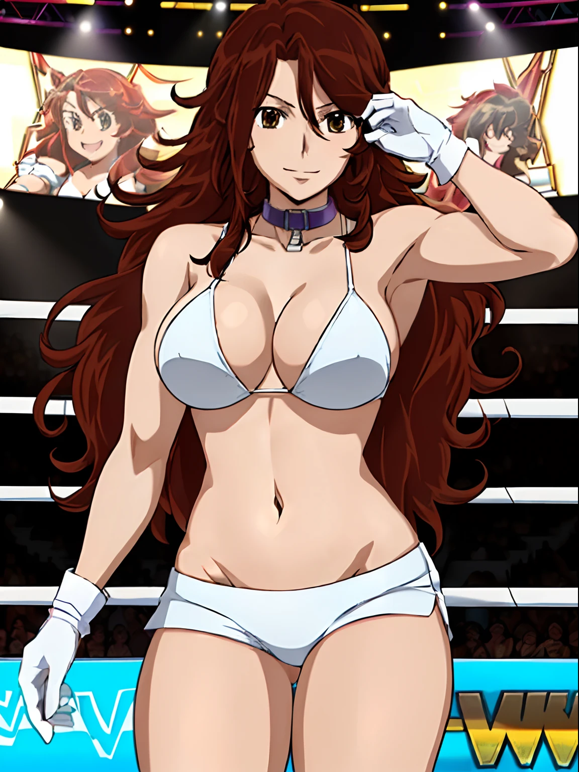 (wwe diva), body view, anime style: 1.8, anime drawing, ultra detailed face, ultra detailed body, 4k, Sumergai Lee Noriega, (standing), best quality, anime style, hires, highest definition, digital blending, bold drawing lines, ((wwe diva), (location: wrestling arena, crowds watching), ( slim body, little biceps, thighs, off-shoulders, (curvy: 2.8)), ((white bikini, shorts, groin, , white gloves, collar)), victorious, winner, gentle, (big breasts, smile), (big eyes, brown eyes), (clapping), (brown hair, loose hair, curly hair, wavy hair, long hair, missy hair), 27 years old,