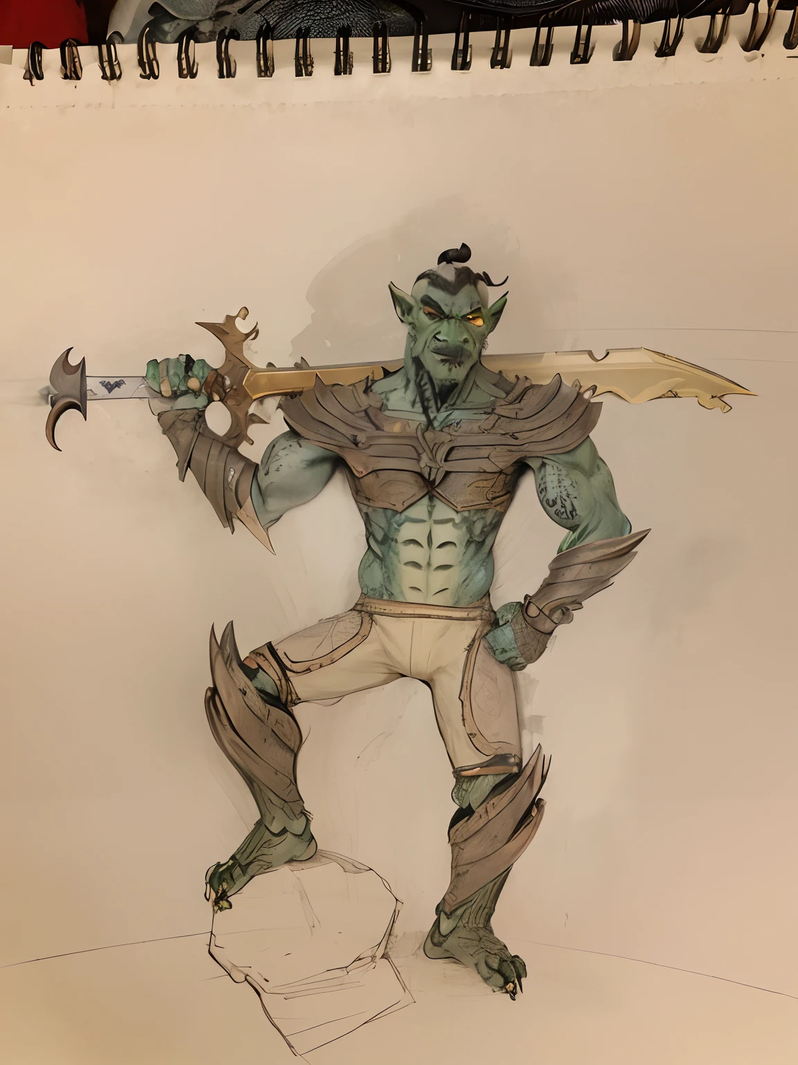Half Black dragon orc, shirtless, hold a great sword across his back, green skin, black scales