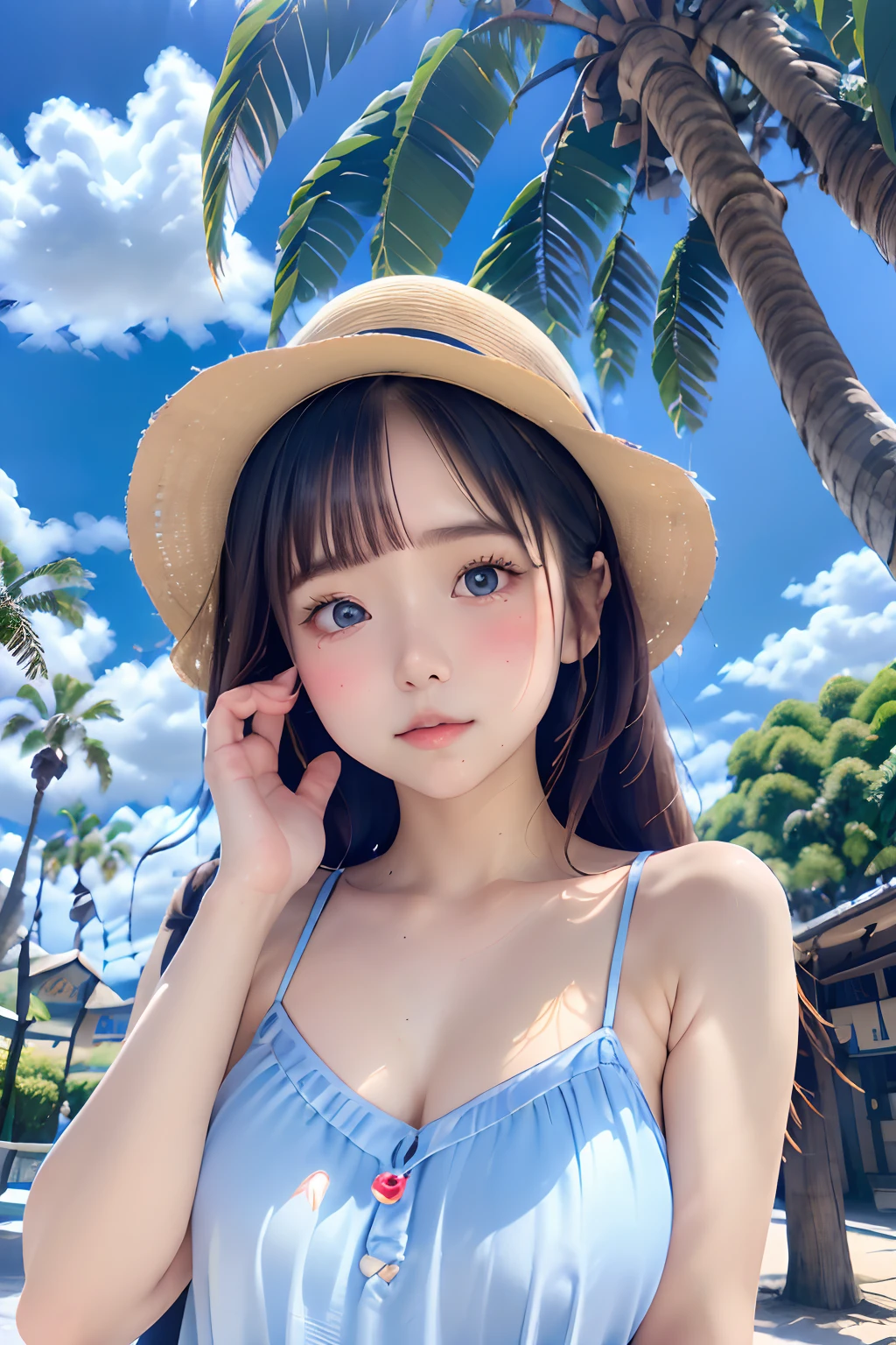 ((Extremely detailed)),, (8K), Best Quality, (Beautiful),((masutepiece)), ((Best Quality)), ars、Beautiful girls,Realistic portraits,a straw fedora hat, (Ultra-detailed), ((kawaii)), Cute, (lovely),plein air、blured background:1.5、((South Island、Palm trees、Blue Sea、blue open sky、cumulonimbus clouds:1.2))