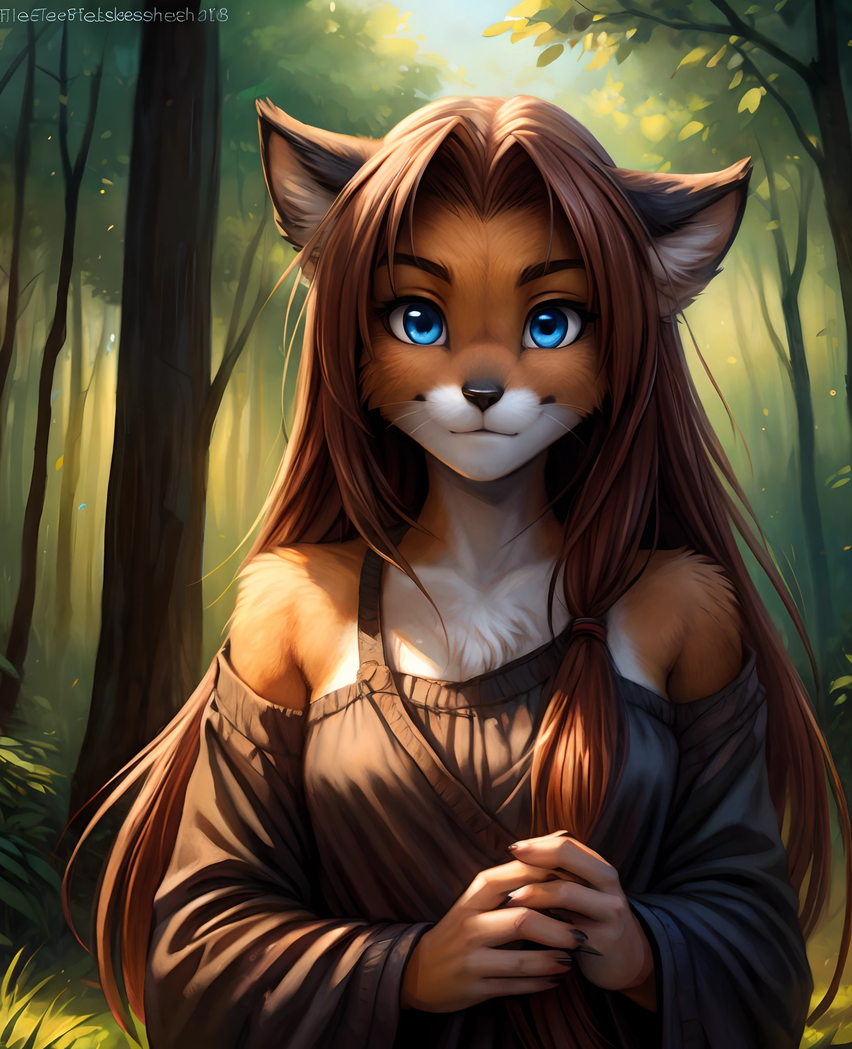 by kenket, by totesfleisch8, (by thebigslick, by silverfox5213:0.8), (by syuro:0.2),,,, Laura, Keidran, twokinds, by tom_fischbach,, (best quality, masterpiece:1), solo, furry female anthro, blue eyes, long hair, reddish brown hair, portrait, fingers, finger claws, looking at viewer, fox tail, (outdoors dark forest trees blurry blurred background:1.1), featureless_breasts