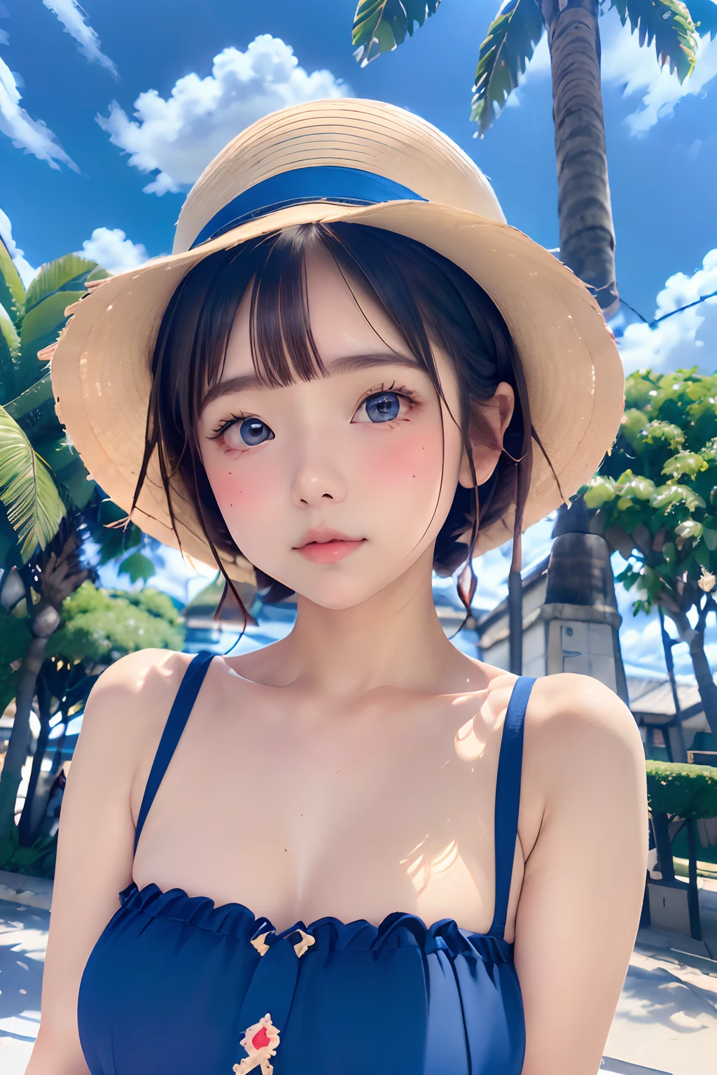 ((Extremely detailed)),, (8K), Best Quality, (Beautiful),((masutepiece)), ((Best Quality)), ars、Beautiful girls,Realistic portraits,a straw fedora hat, (Ultra-detailed), ((kawaii)), Cute, (lovely),plein air、blured background:1.5、((South Island、Palm trees、Blue Sea、blue open sky、cumulonimbus clouds:1.2))