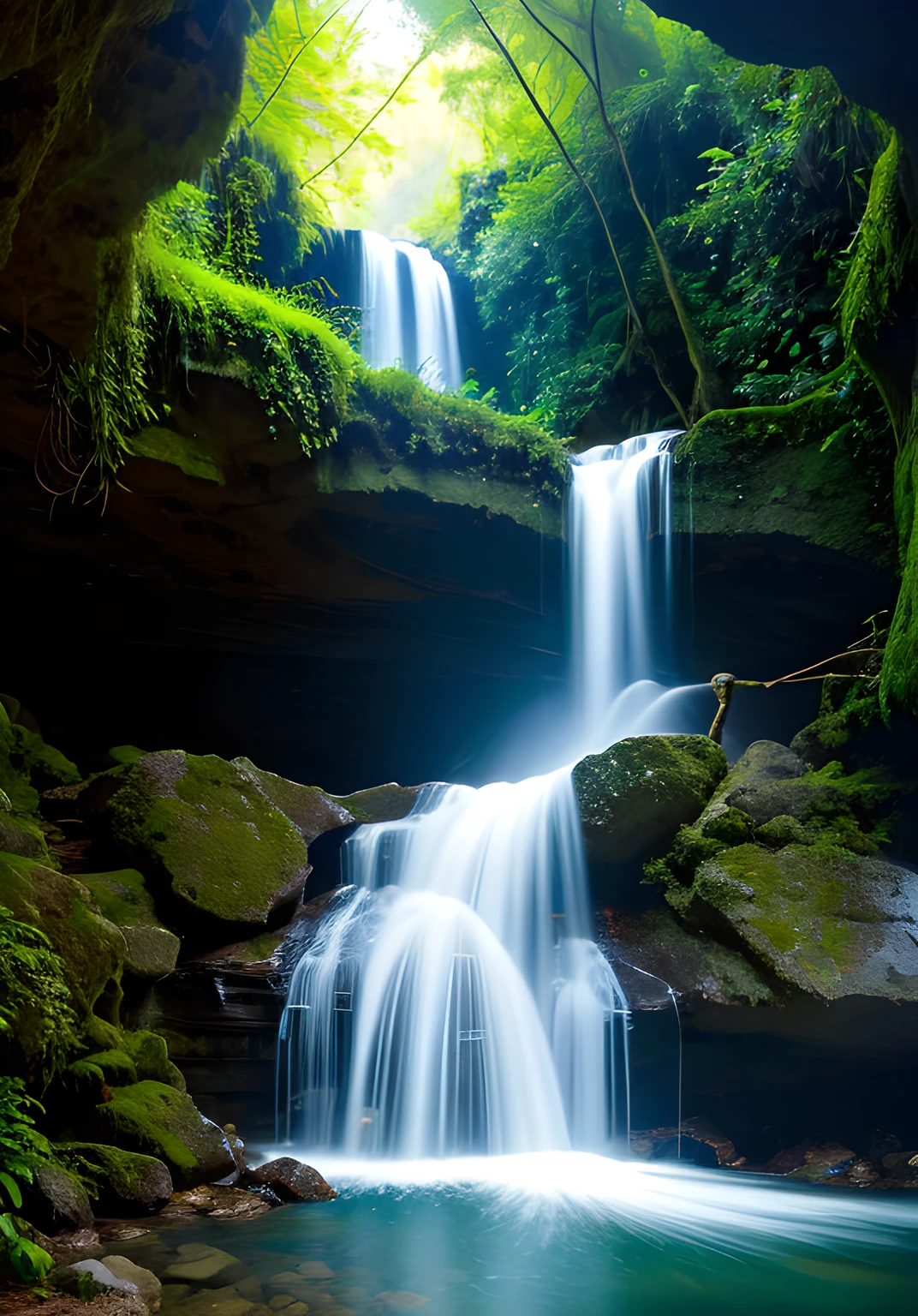 Capture the mystique of a hidden waterfall nestled inside a secluded cave, where the interplay of light and water creates an enchanting and secret world, Mystique, Hidden, Waterfall, Secluded, Enchanting. Camera: DSLR, Lens: Wide-Angle, Time: Morning, Style: Nature, Film: Color