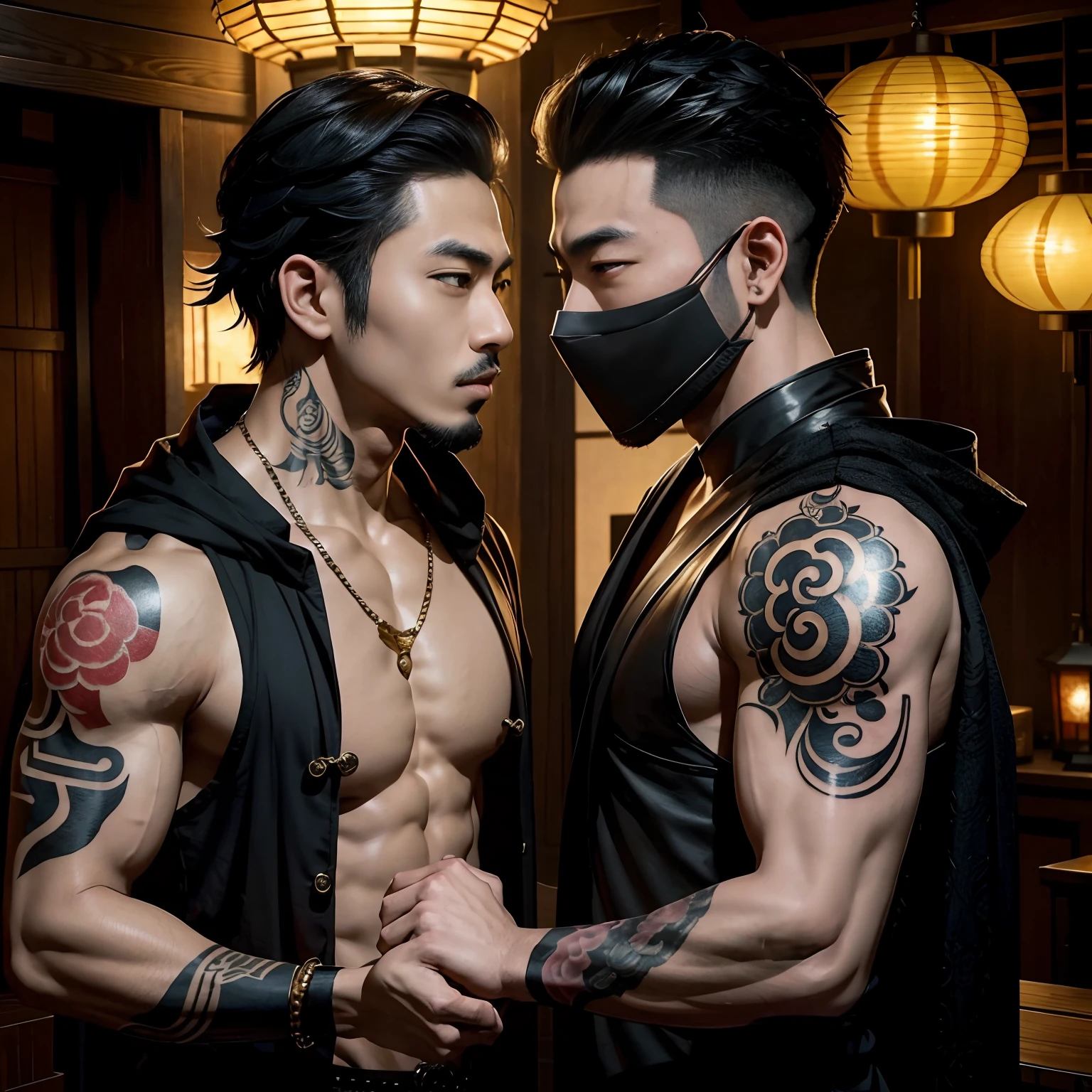 Two oriental men, Boyfriend, In the fun, roleplaying, One plays a sexy bandit,male people, A mask（Raised sexy）, Kiss, Oriental lanterns, body defined, Beautiful, Oriental, Realistic, Cinematic, High quality, 16k, Best quality, High details, Super detail, Tattoos,