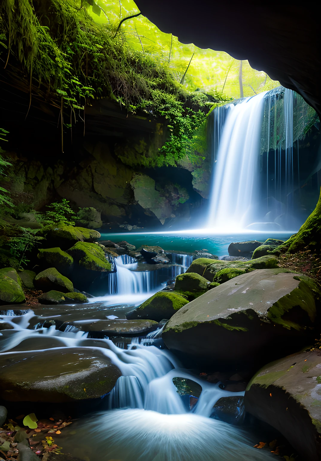 Capture the mystique of a hidden waterfall nestled inside a secluded cave, where the interplay of light and water creates an enchanting and secret world,  Mystique, Hidden, Waterfall, Secluded, Enchanting. Camera: DSLR, Lens: Wide-Angle, Time: Morning, Style: Nature, Film: Color