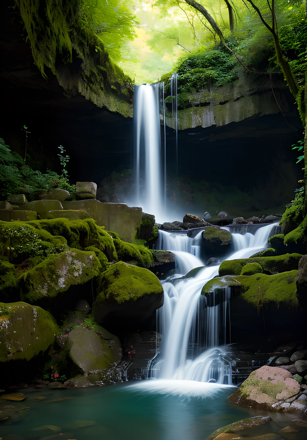 Create an image that unveils the beauty of a secluded cave, with a hidden waterfall cascading gracefully within, where the gentle whispers of nature echo in the serene ambiance, Graceful, Secretive, Cave, Whispering, Serenity. Camera: Mirrorless, Lens: 24mm, Time: Midday, Style: Fine Art, Film: Color