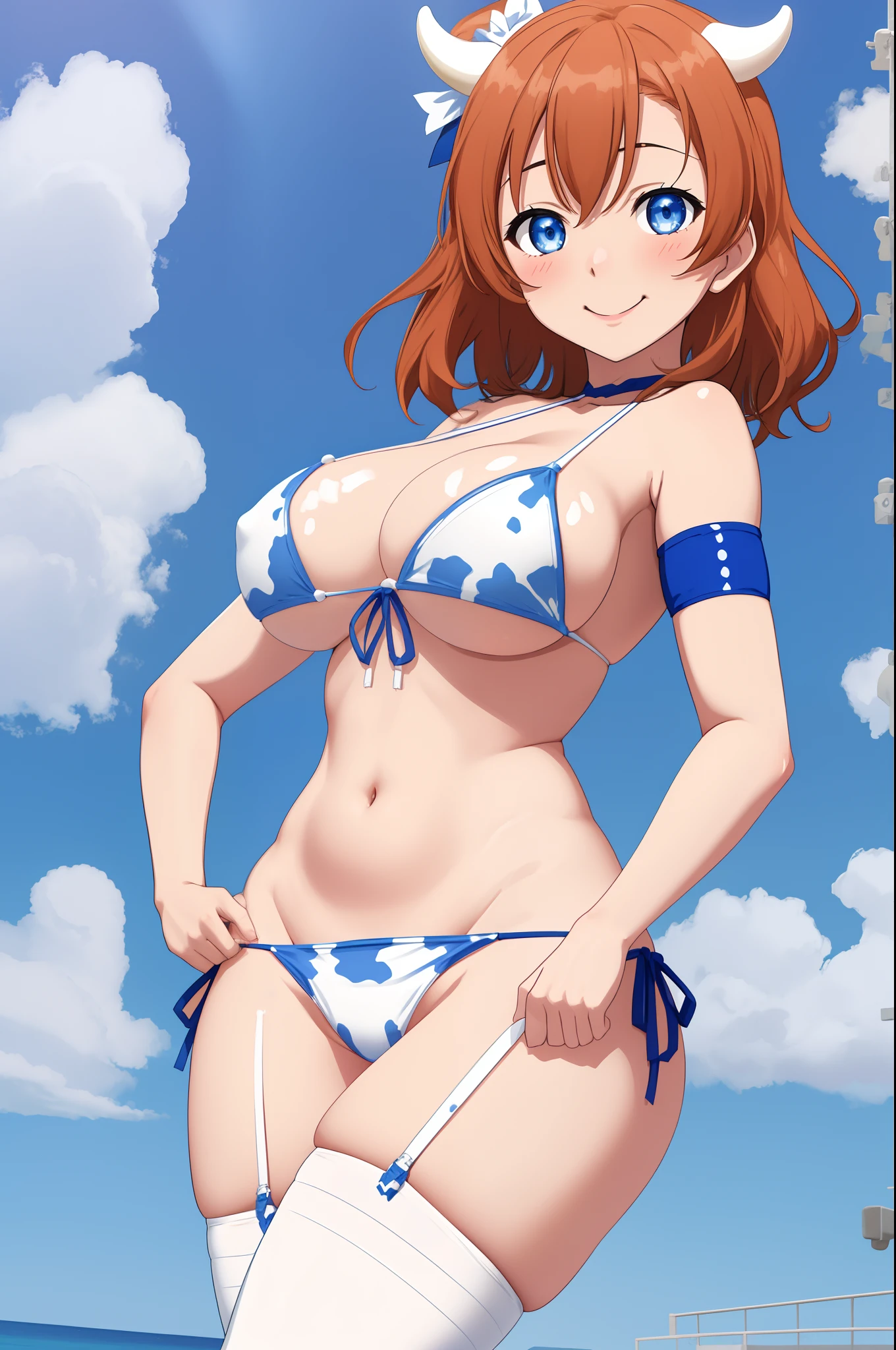 Kousaka honoka, blue eyes, white micro bikini, side-tie bikini,cow paint, thighhighs, hands on hips, smile, serious eye,big breasts, underboob,thicc