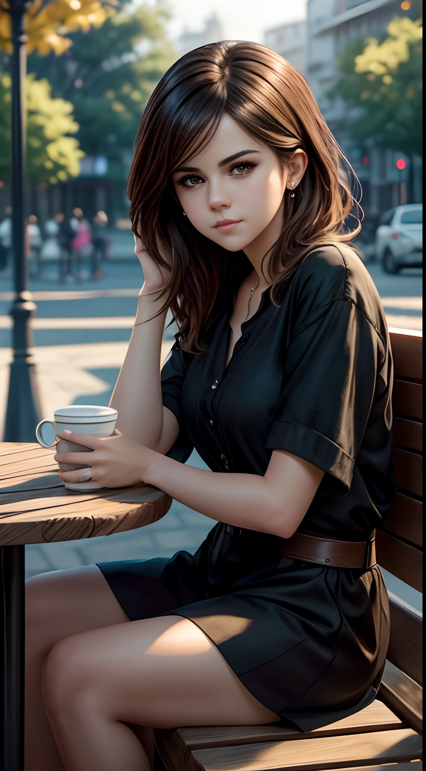 ((Selena Gomez:Emma Watson:0.8)), mature,adult woman sitting on a bench drinking a cup of coffee, casual pose, artwork in the style of guweiz, realistic artstyle, mysterious coffee shop girl, trending on cgstation, relaxing concept art, realistic afternoon lighting, photorealistic artstyle, relaxed pose