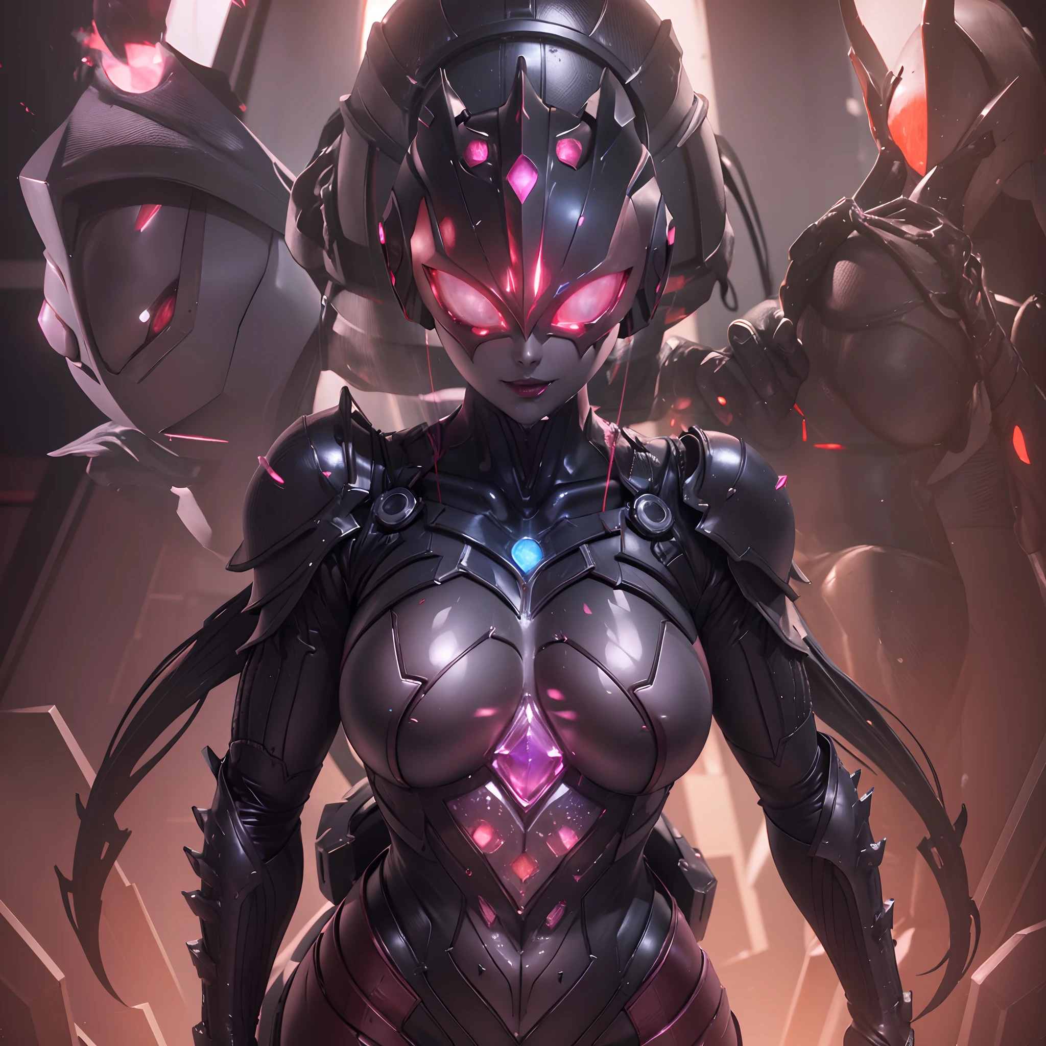 The beautiful figure of Ultraman Woman, Cover his true face with a black mask, Female Solo, Alien eyes shine。The whole body is covered with a black bodysuit, One female protagonist, Pink lines all over the body, Crystal shining on the head。The chest has a radiant core, Dark background,