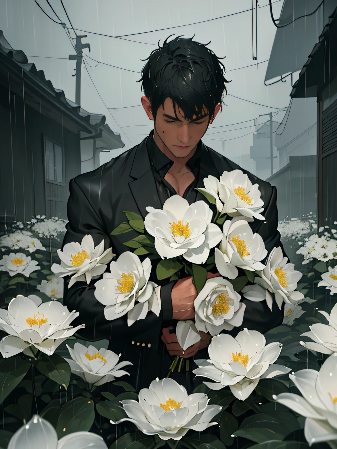 Best quality, high resolution ,A man with short hair,Black color hair, blacksuit,(White flowers on the chest),funereal,white ribbons, maturity, silence, Closed mouth, Soaked all over, Rainy days, (heavy rain), White flowers, ,(Heavy fog:1.3), Dim light, modern urban,outside,Wet ground, drenched in rain,