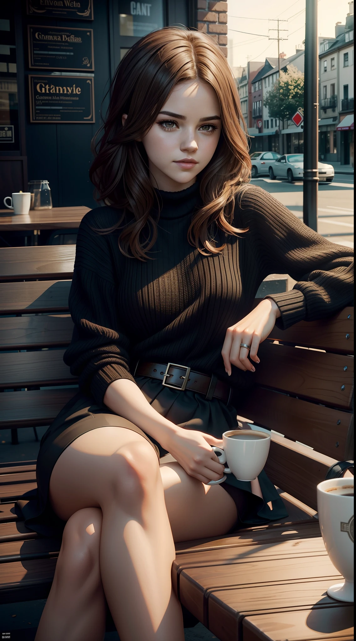 ((Selena Gomez:Emma Watson:0.8)), mature,adult woman sitting on a bench drinking a cup of coffee, casual pose, artwork in the style of guweiz, realistic artstyle, mysterious coffee shop girl, trending on cgstation, relaxing concept art, realistic afternoon lighting, photorealistic artstyle, relaxed pose