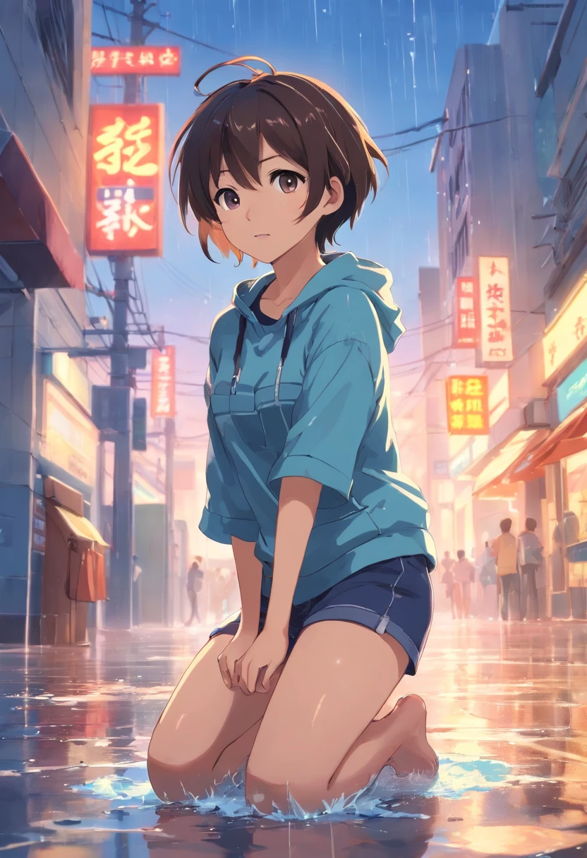 Best picture quality, tmasterpiece, 超高分辨率, (Fidelity:1.4), photore, 1 Handsome(())) Dimly lit,,, ((mtu)),(torn laundry:1.5), (wetclothes:1.4),kneels on the ground,exposed bare shoulders, Real rain, Wet hair,(((mtu))),The crotch is extremely prominent