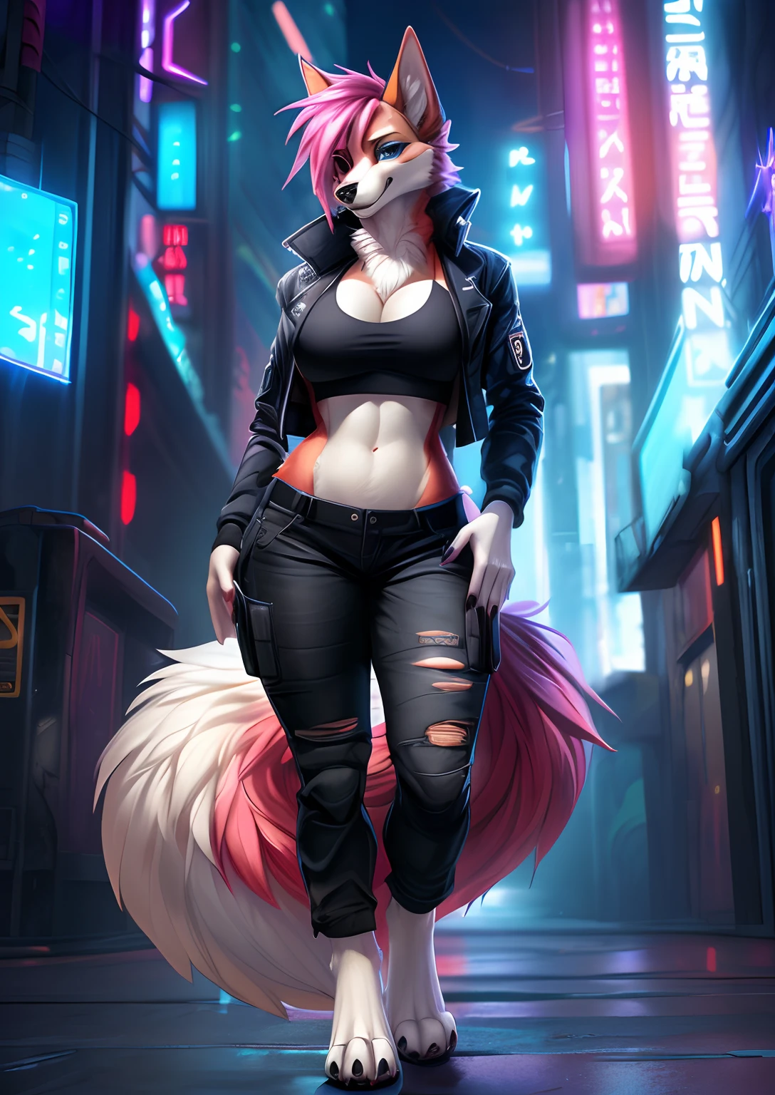 uploaded on e621, (by Wildering, by fluff-kevlar, by aycee), solo, neck tuft, hip tuft, leg tuft, big tail, fluffy tail, blue eyes)), (((fur colors of black and white))), (masterpiece), (best quality), (anthro furry:1.3, snout:1.2, anthro:1.3, furry:1.2, solo female:1.2), (thick figure, curvy figure), (wide hips), (extremely thick thighs), (huge breasts, perky breasts), (full body portrait, sexy pose, suggestive pose), (((canine))) BREAK (((sexy cyberpunk outfit, cropped unzipped jacket with small top, cropped tactical pants that are torn and patched, digitigrade feet))), (Long pink hair), (cyberpunk city background at night, depth of field, neon lights, ambient light on the body), (intricate:0.7), (high detail:1.3), (unreal engine:1.3), (sharp focus:1.15), [explicit content, questionable content], (masterpiece, best quality, 4k, 2k, shaded, absurd res)