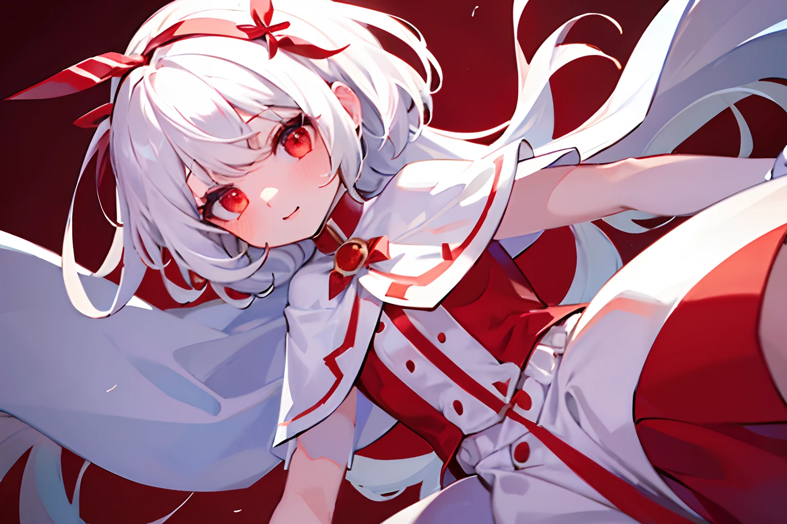 {high quality}, 1girl, {red eyes}, {white hair}, {white cape with red points}, {white cape with red points}, short white dress inside, {multiple red butterflies flying}, girl sitting, white ribbon over top, red ribbon over top,