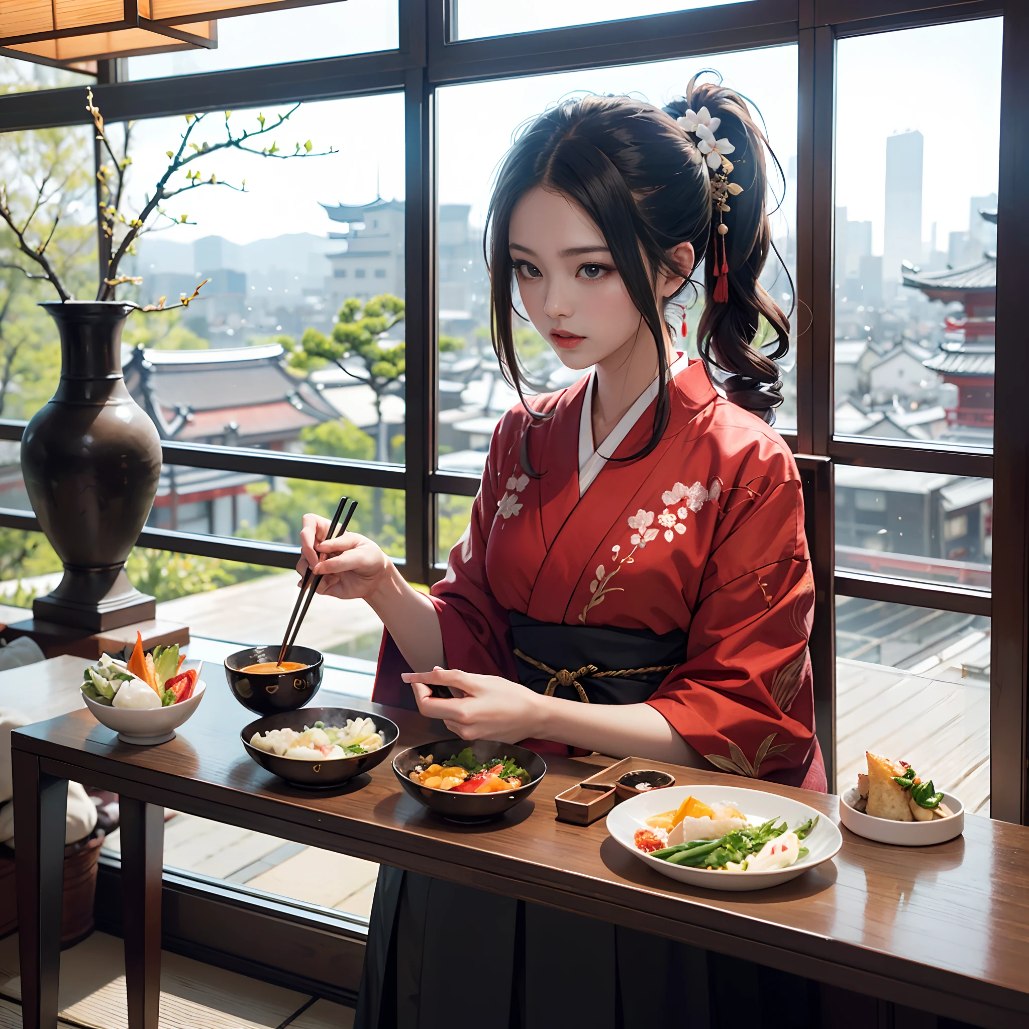 Detailed background(High-class restaurant(Kaiseki cuisine on the table)The cityscape of Kyoto in the daytime seen outside the window),Single cedar table,lunchtime,Eating 寿司with chopsticks,BREAK,elaborate costume{Luxury kimono(Colorful kimono(detailed embroidery,))}、1girl in(Japanese Idol(actress):1.2)(face perfect:1.2),Depicting a beautiful and classy adult woman,glossy dark hair(poneyTail),Heart in the eye, Wallpapers 16K,Blur the background with a sickle,((masutepiece)), ((Best Quality)),{{a portrait photo of}},full body Esbian