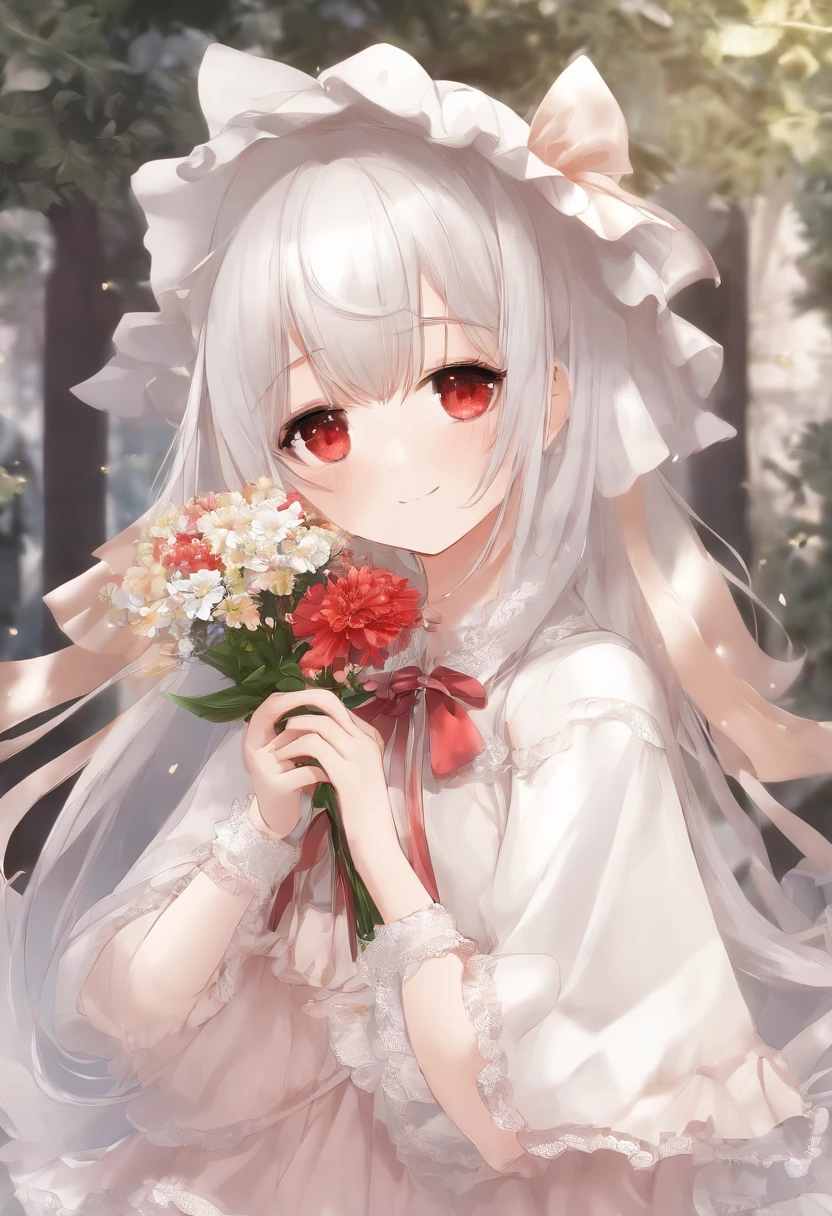 Masterpiece, Best Quality, 1girl, 独奏, Long_Hair, olhando_at_Viewer, white colored hair, red eyes, Smile, Bangs, upskirt, Shirt, Long_Sleeves, hat, Dress, bow, holding, hooded_mouth, flower, frills, Hair_flower, petals, bouquet, holding_flower, Downtown_frills, bonnet, holding_bouquet, tachi-e, full - body, whitebackground,