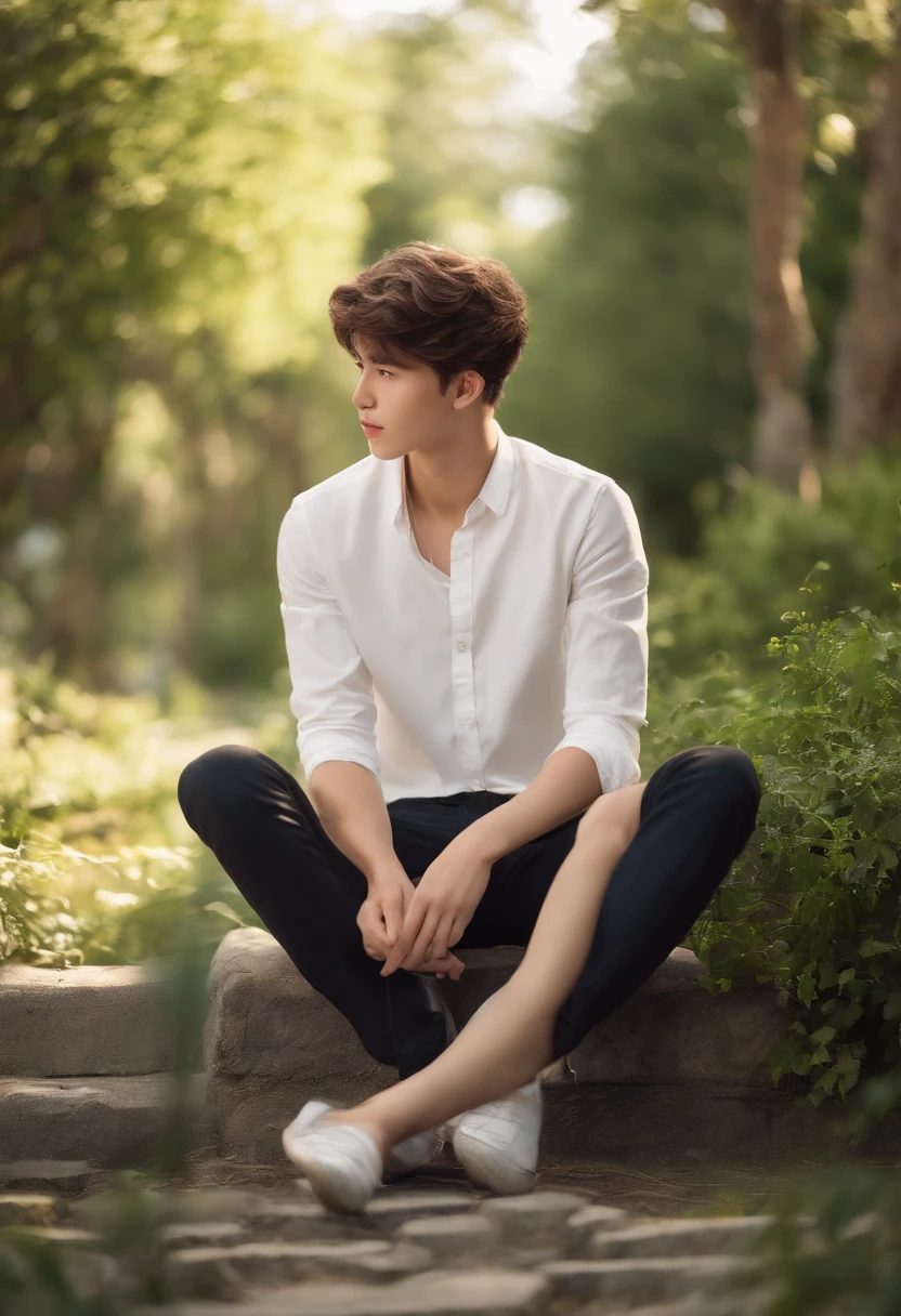 A male ager，adorable captivating，in a white shirt，He looked sad，Barefoot，sat on the ground。The blush gradually rises，Shy, But handsome。The picture style is fresh and simple，Rendered like a comic，The lens is shown as a vista，（Anime style+Soft cute）