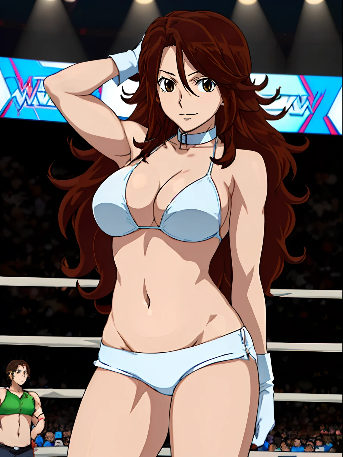 (wwe diva), body view, anime style: 1.8, anime drawing, ultra detailed face, ultra detailed body, 4k, Sumergai Lee Noriega, (standing), best quality, anime style, hires, highest definition, digital blending, bold drawing lines, ((wwe diva), (location: wrestling arena, crowds watching), ( slim body, little biceps, thighs, off-shoulders, (curvy: 2.8)), ((white bikini, shorts, groin, , white gloves, collar)), victorious, winner, gentle, (big breasts, smile), (big eyes, brown eyes), (clapping), (brown hair, loose hair, curly hair, wavy hair, long hair, missy hair), 27 years old,