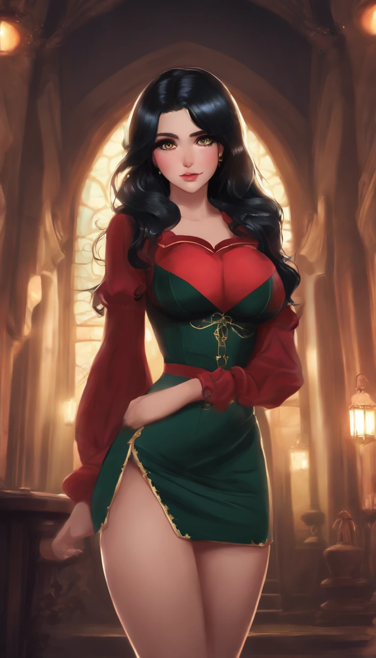 Curvaceous,1 young girl,full body view,thigh_highs,mini_skirt,large_hips,spooky,blushing,ahegao_face,black-hair,green-eyes,heart-shaped_pupils,long_hair,tiny-waist,High detailed,