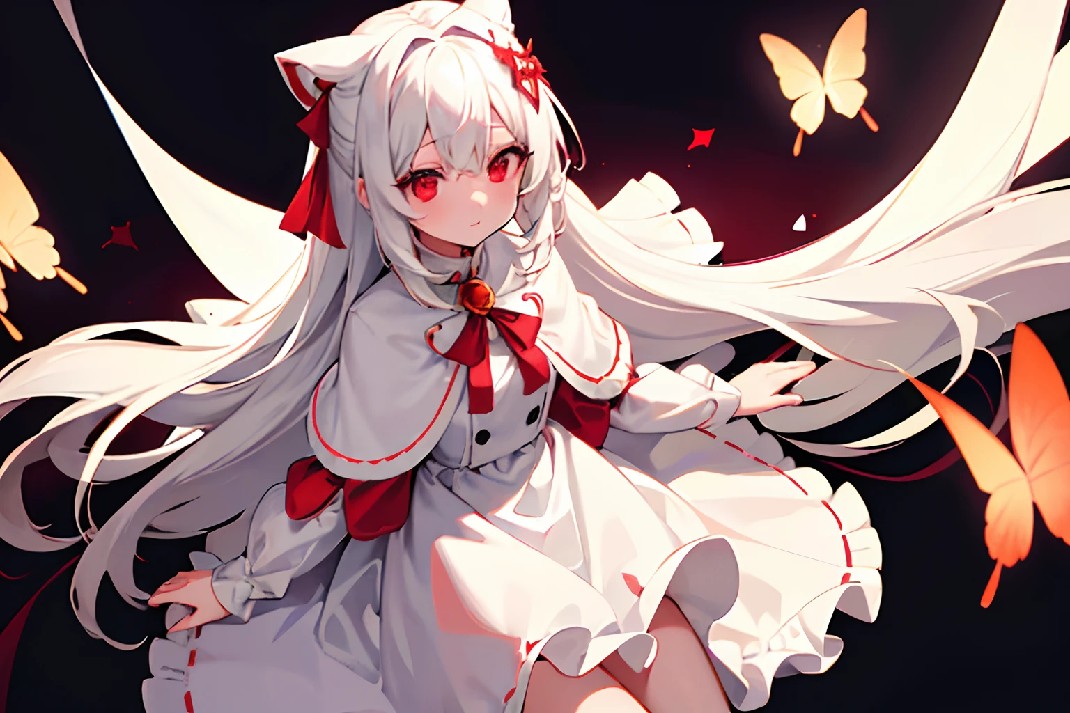 {high quality}, 1girl, {red eyes}, {white hair}, {white cape with red points}, {white cape with red points}, short white dress inside, {multiple red butterflies flying}, girl sitting, white ribbon over top, red ribbon over top,