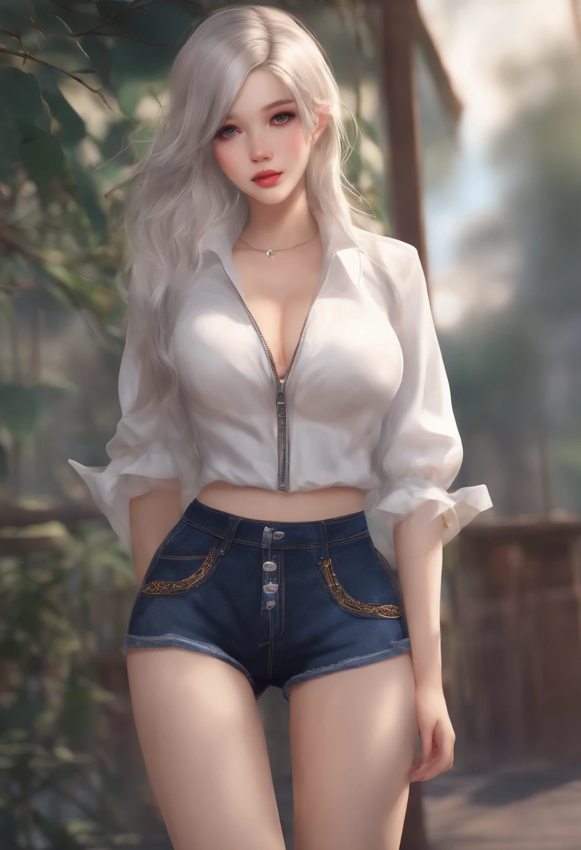 high resolution, Two-dimensional girl, whaite hair,  Heterochromic eyes, Loose white shirt, tight denim shorts, Large breasts, Thighs, Panties are a masterpiece, lace legwear，The trouser zipper opens