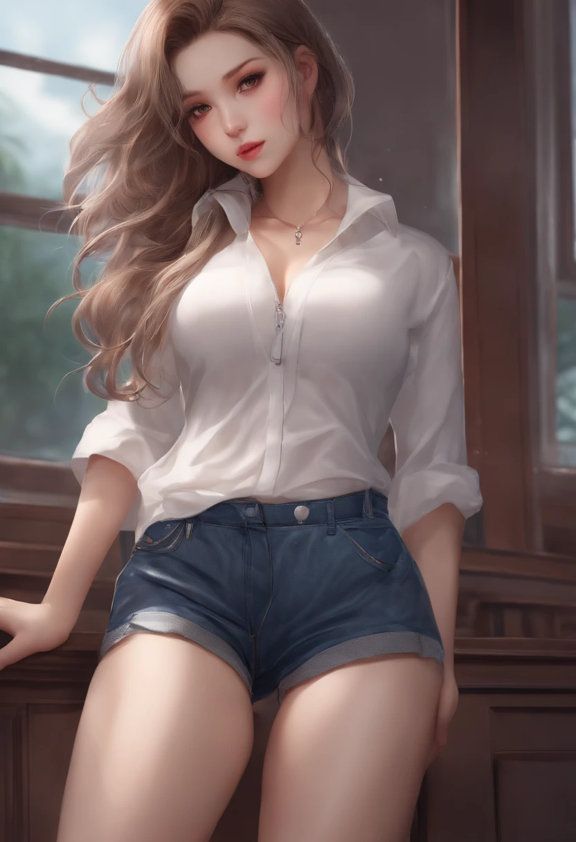 high resolution, Two-dimensional girl, whaite hair, Heterochromic eyes, Loose white shirt, tight denim shorts, Large breasts, Thighs, Panties are a masterpiece, lace legwear,The trouser zipper opens