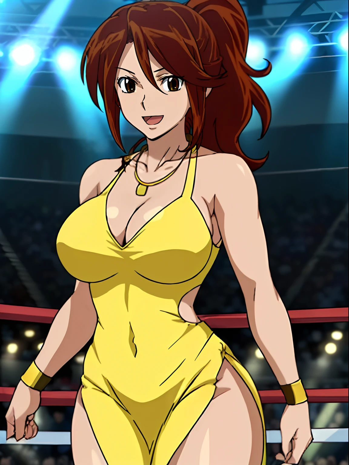 folded arms, sport effects, nice body, , anime style: 1.8, anime drawing, ultra detailed face, ultra detailed body, , 4k, Sumergai Lee Noriega, (standing), best quality, anime style, hires, highest definition, digital blending, bold drawing lines, ((slim waist, female wrestler), (location: wrestling arena, crowds watching), ((thick neck), little biceps, thighs, off-shoulders, (curvy: 6.8), lighting, spot lights, very shiny skin), ((short dress, gold necklace)), victorious, winner, , (big breasts, smile, open mouth), (big eyes, brown eyes), (laughing), (ponytail), 27 years old, (titling head)