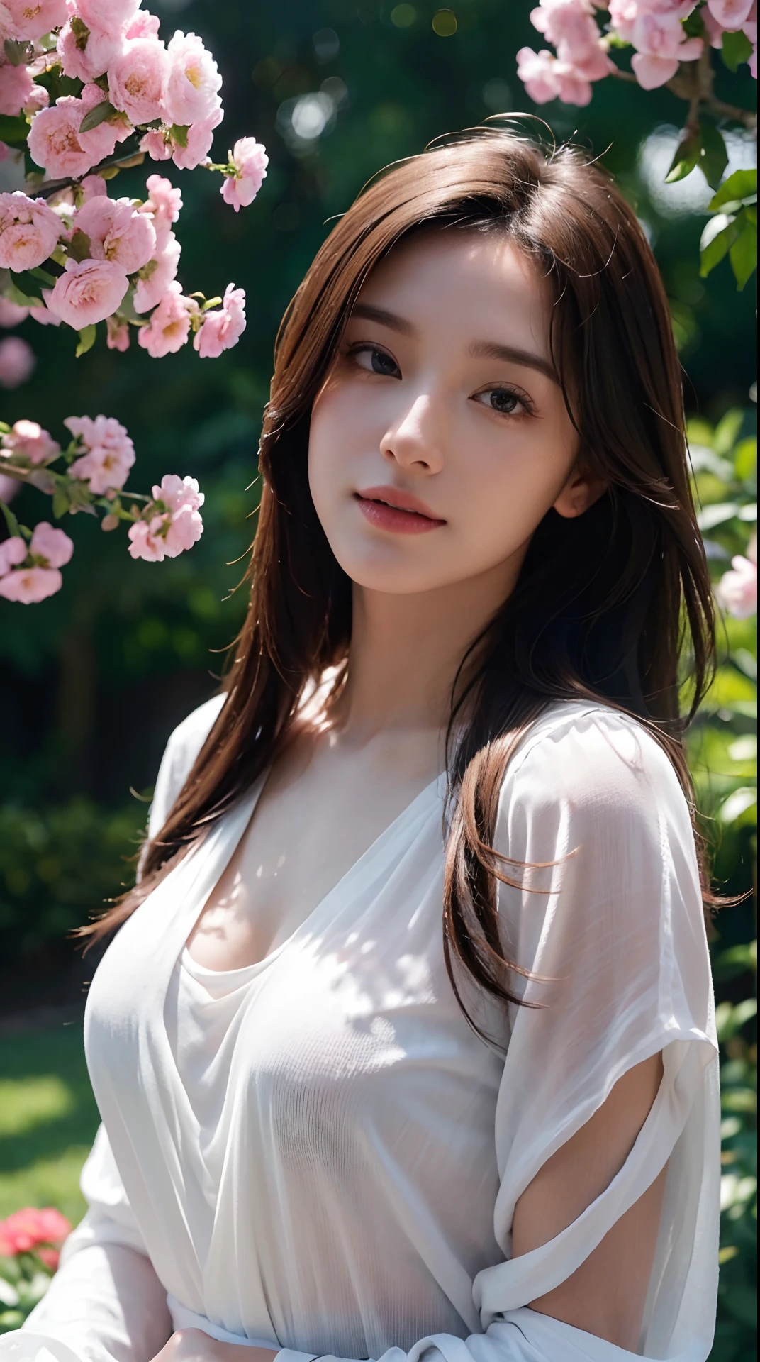 (best quality,highres,ultra-detailed,physically-based rendering:1.2),portrait,beautiful girl,garden,flowers,bright sunlight,soft shadows,long flowing hair,smooth skin,vibrant colors,fresh and clean look,crisp details,sparkling eyes,freshly washed clothes