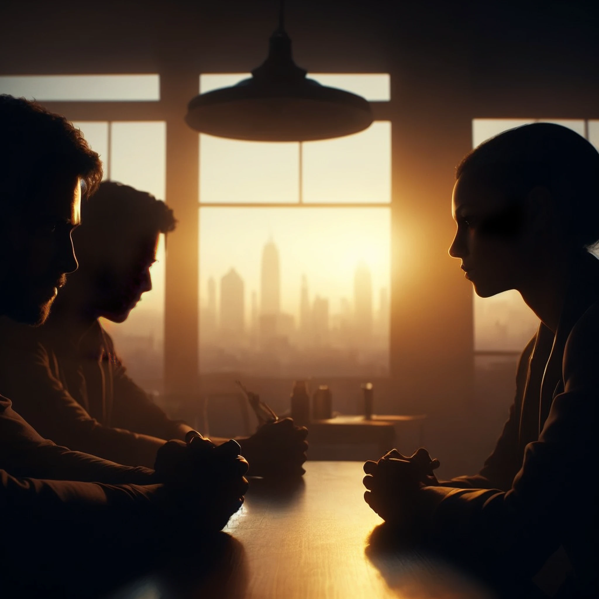 three people sitting at a table with a city view in the background, dark people discussing, people sitting at tables, dimly lit scene, cinematic still, group sit at table, realistic afternoon lighting, group of people in a dark room, sitting at table, people at the table, neo - noir setting, award winning cinematic still, sitting at a table