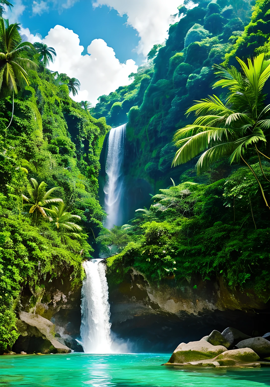 Paint a picture of a magnificent waterfall nestled amidst a lush, tropical paradise, where the rushing waters and verdant vegetation create a symphony of life and beauty. Keywords: Magnificent, Rushing, Tropical, Paradise, Symphony. Camera: DSLR, Lens: Telephoto, Time: Midday, Style: Landscape, Film: Color