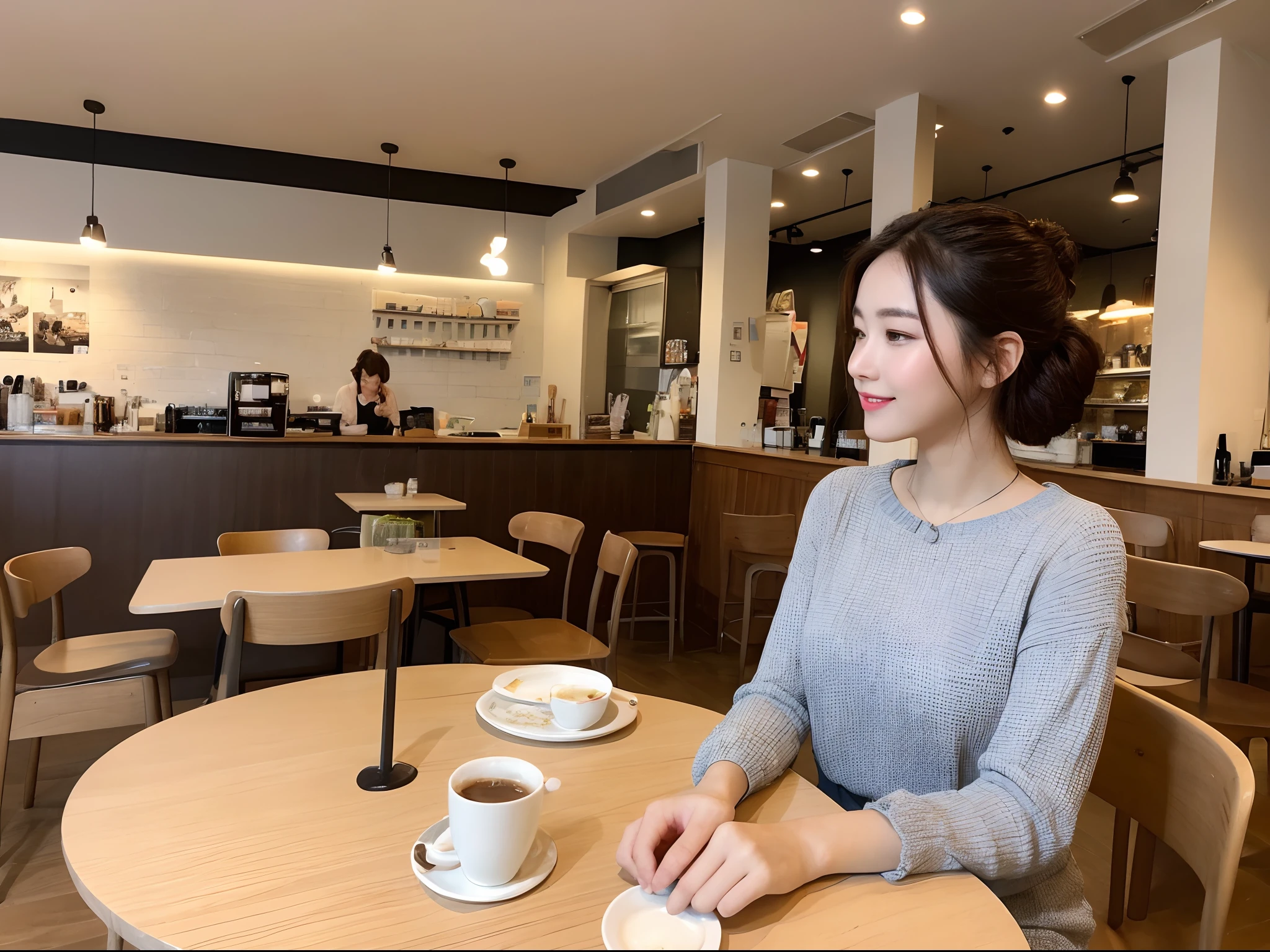 well sunny early summer, masterpiece, skylight, focus, smile, single girl, short brown hair, layered short hair, double sideburns, medium breasted, outdoor café terrace, seated, high resolution, delicate facial features, double eyelids, white professional clothes,