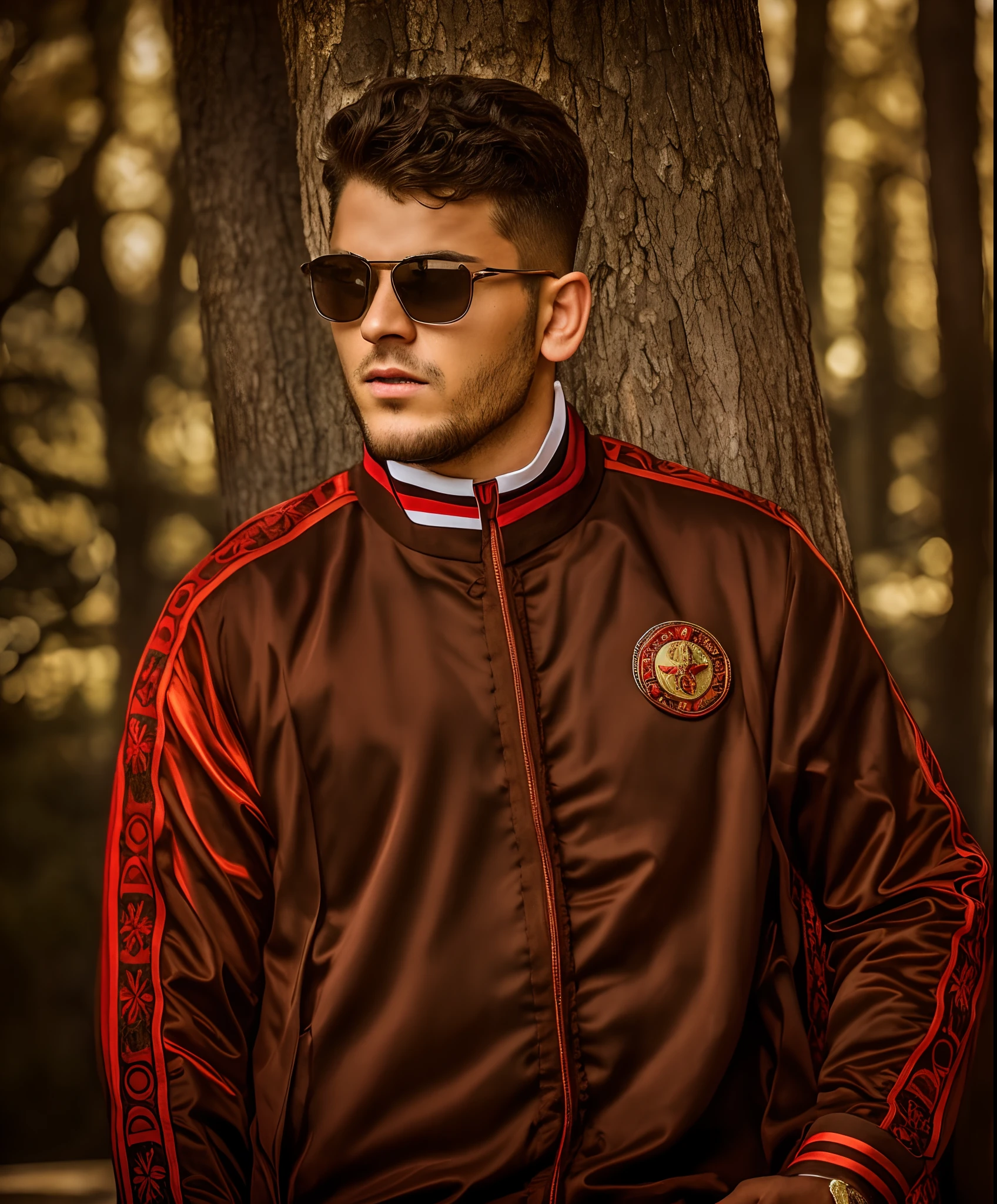 Black blazer， 18k, {{Masterpiece}}, Best quality, High quality:1.4), simplebackground，Brown background，，{{[[front look}}, Photo pose)]], very pretty look face, And very nice red eyes, 1man, solo, portrait of khabibnurmagomedov wear suit and tie, beard, serious, details, realistic, photography, blurry background, softfocus