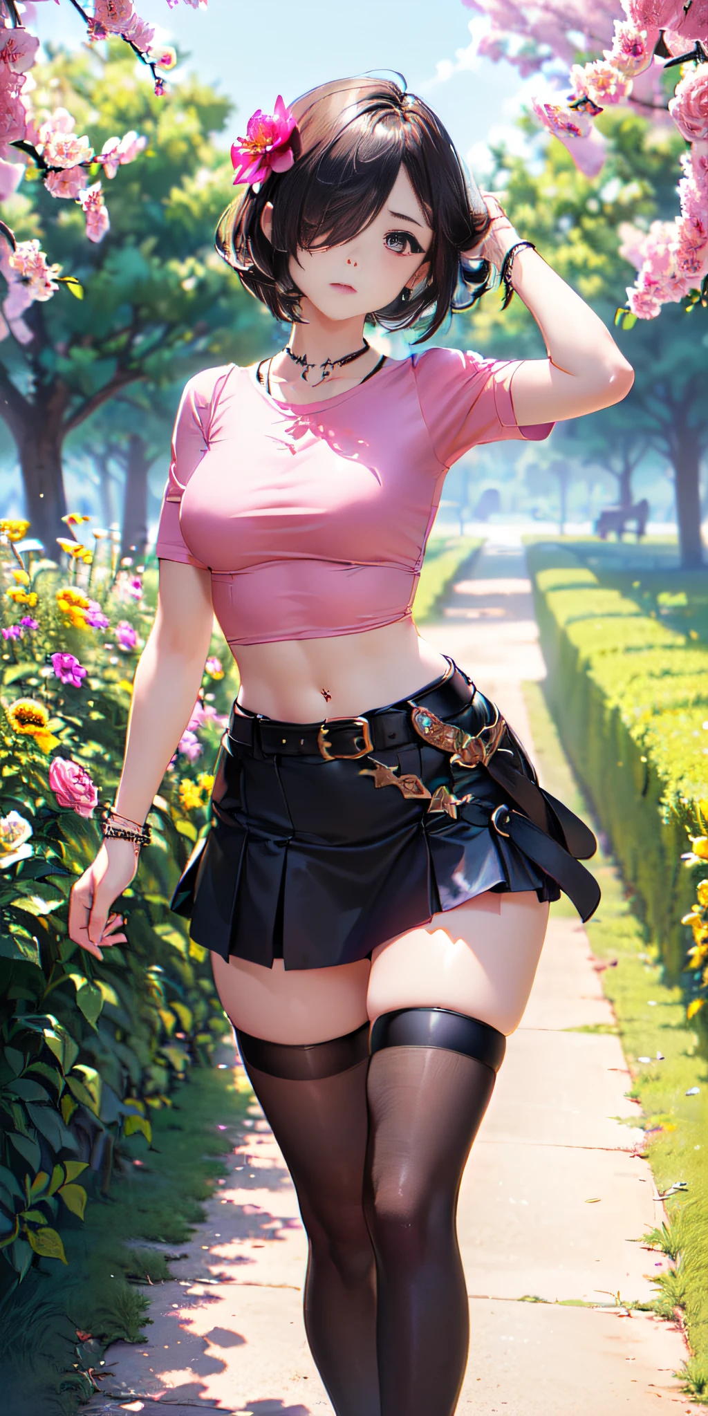 (((obra maestra, mejor calidad, highres, hmeliza, 1girl, hair over one eye, jewelry, single thighhigh, midriff, black skirt, asymmetrical legwear, pink shirt, black thighhighs, belt, miniskirt, standing, cowboy shot, outdoors, filed, flower ))),(((90% nude)))