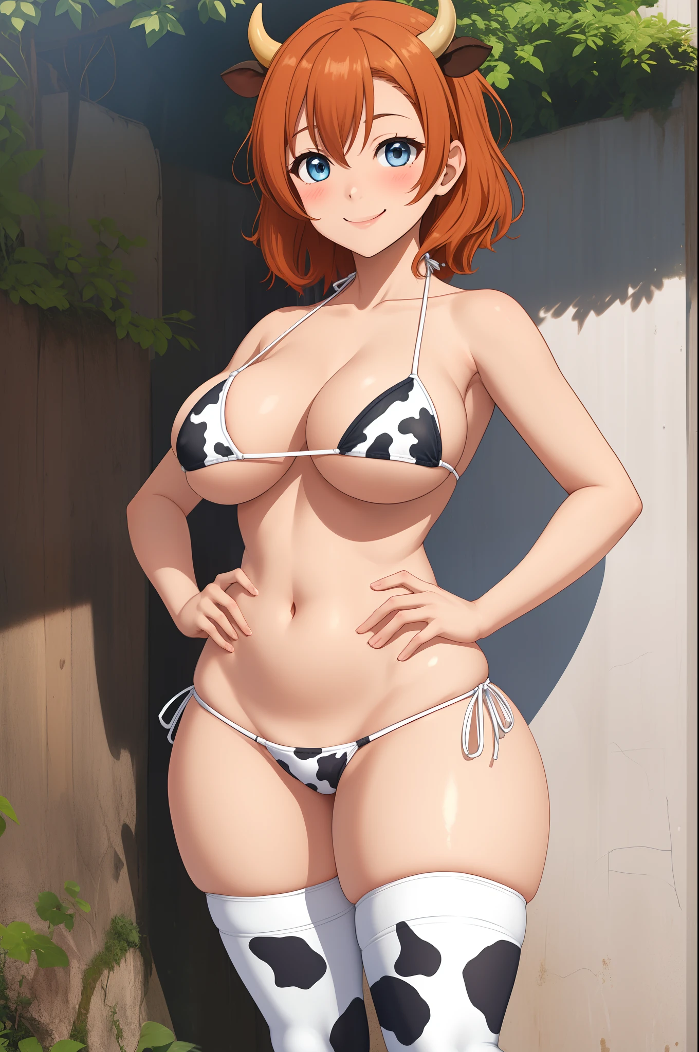 Kousaka honoka, blue eyes, (orange hair:0.8),white micro bikini, side-tie bikini, cow paint, cow print thighhighs, hands on hips, smile, serious eye,blush,big breasts, underboob,thicc , curvy body