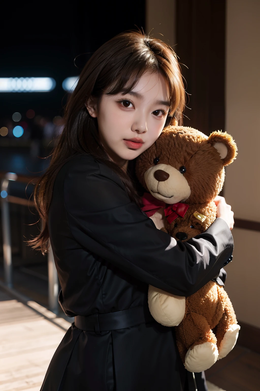 Nayeon from Twice hugging a brown teddy bear