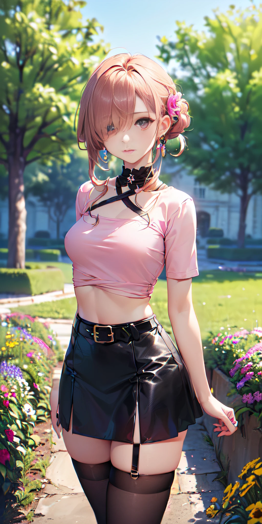 (((obra maestra, mejor calidad, highres, hmeliza, 1girl, hair over one eye, jewelry, single thighhigh, midriff, black skirt, asymmetrical legwear, pink shirt, black thighhighs, belt, miniskirt, standing, cowboy shot, outdoors, filed, flower ))),(((90% nude)))